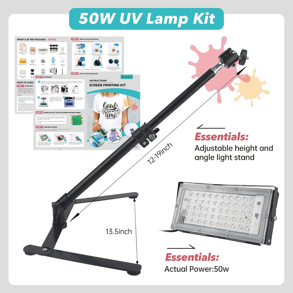 53Pcs Screen Printing Kit All-in-One Set with 50W UV Exposure Lamp, 3 Size Wooden Screen Printing Frames, 6 Color