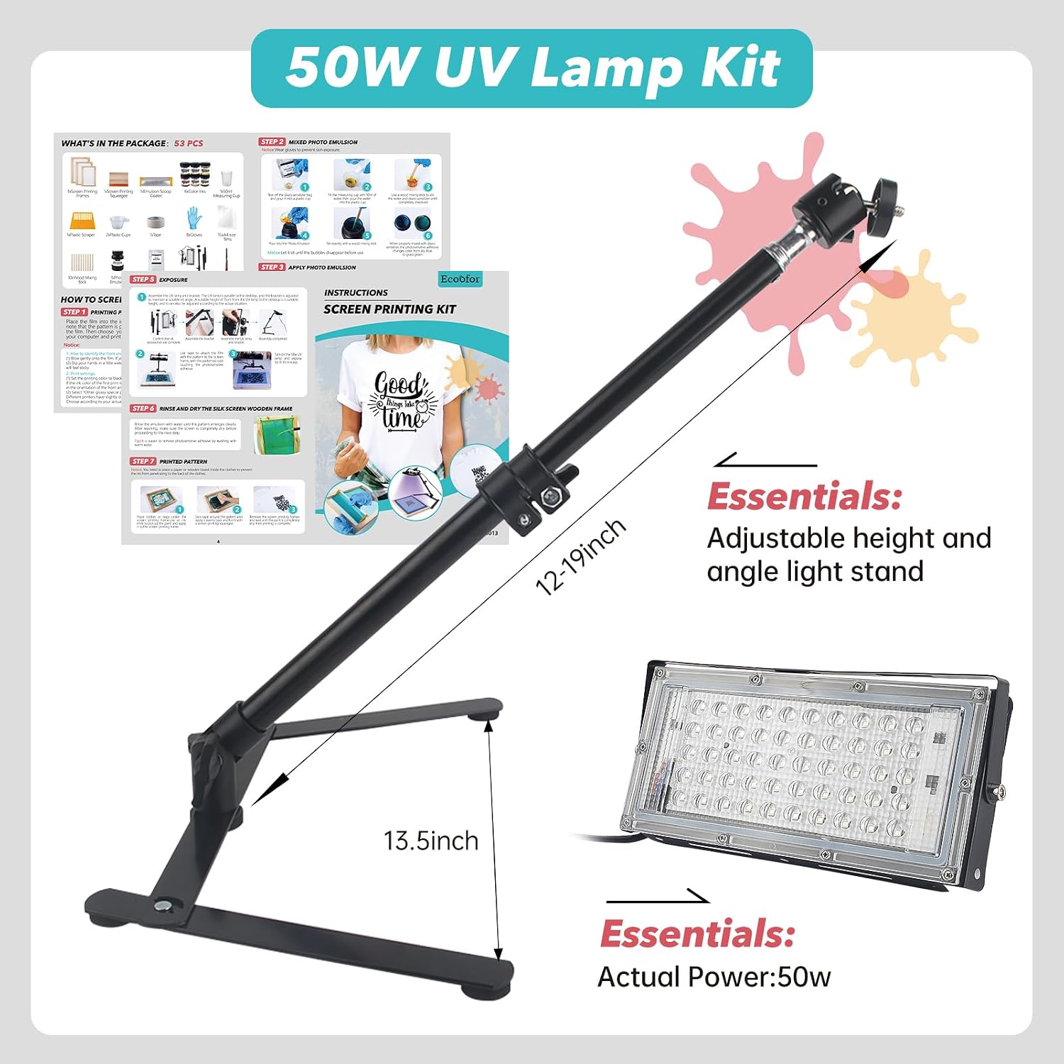 53Pcs Screen Printing Kit All-in-One Set with 50W UV Exposure Lamp, 3 Size Wooden Screen Printing Frames, 6 Color