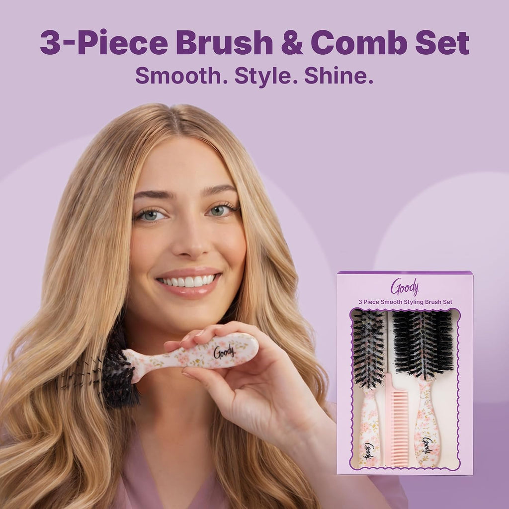 3-Piece Styling Hairbrush Set, Floral Pattern, Boar Bristle Smoothing Brush for Shine, Half-Round 180° Brush for