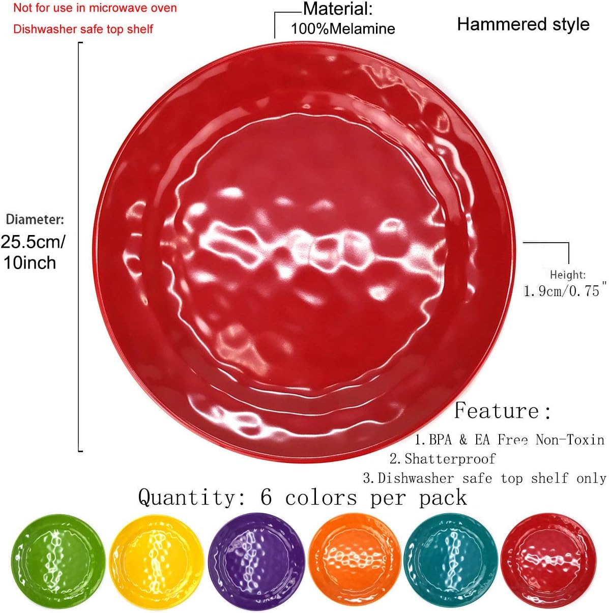 Melamine Plates set -10inch 12pcs 100% Melamine Dinner Plates for Everyday Use, Break-resistant and Lightweight