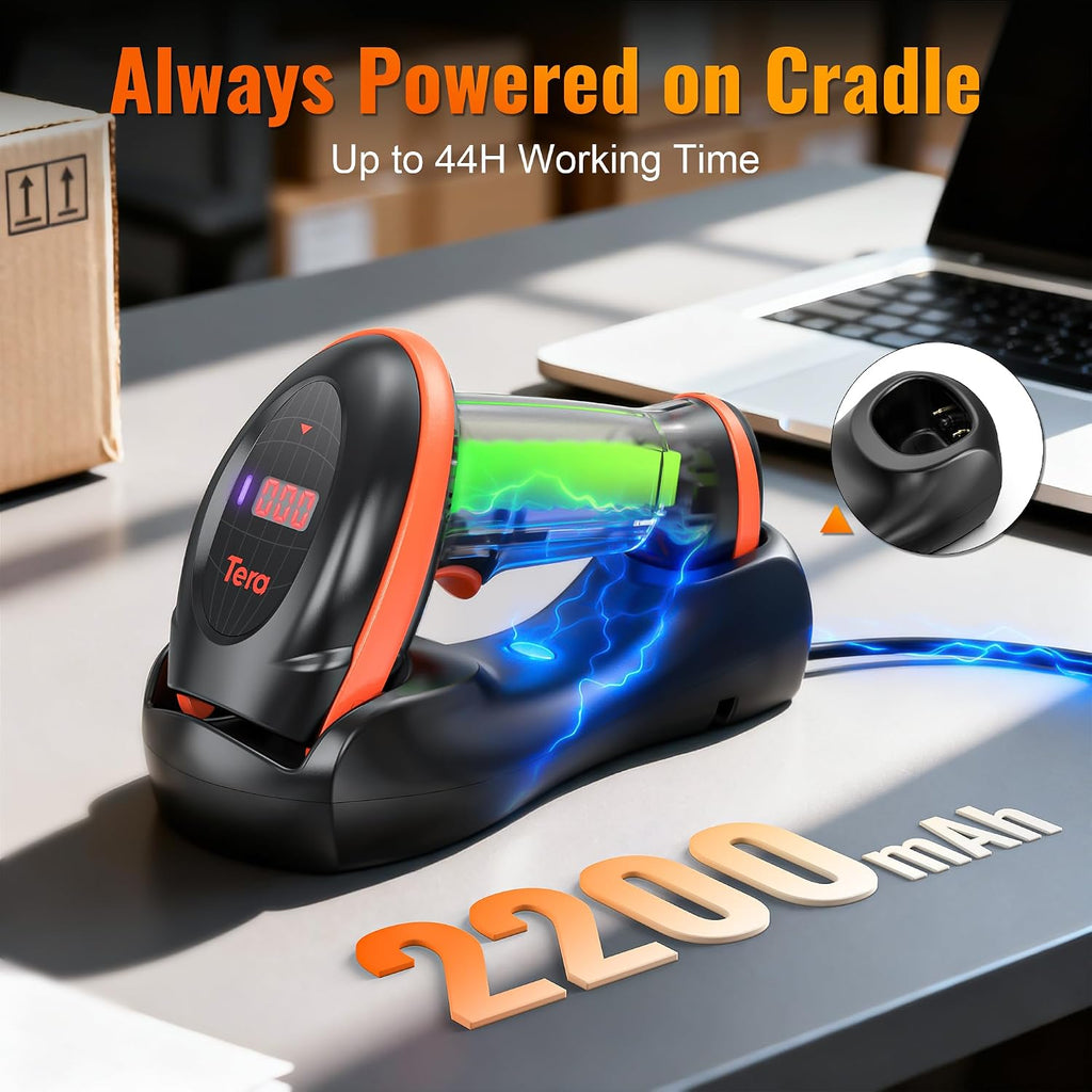 Barcode Scanner Wireless with Cradle: 1D 2D QR Counting Screen, HW0008 | 2.4G Wireless & USB Wired, 640*480 CMOS