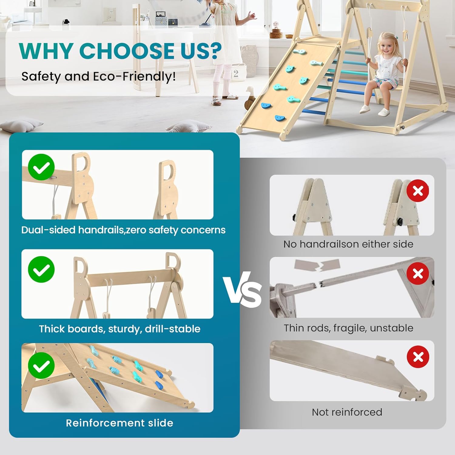 4 in 1 Indoor Jungle Gym, Foldable Wooden Climbing Set with Swing, Slide, Ladder and Climbing Wall, Montessori
