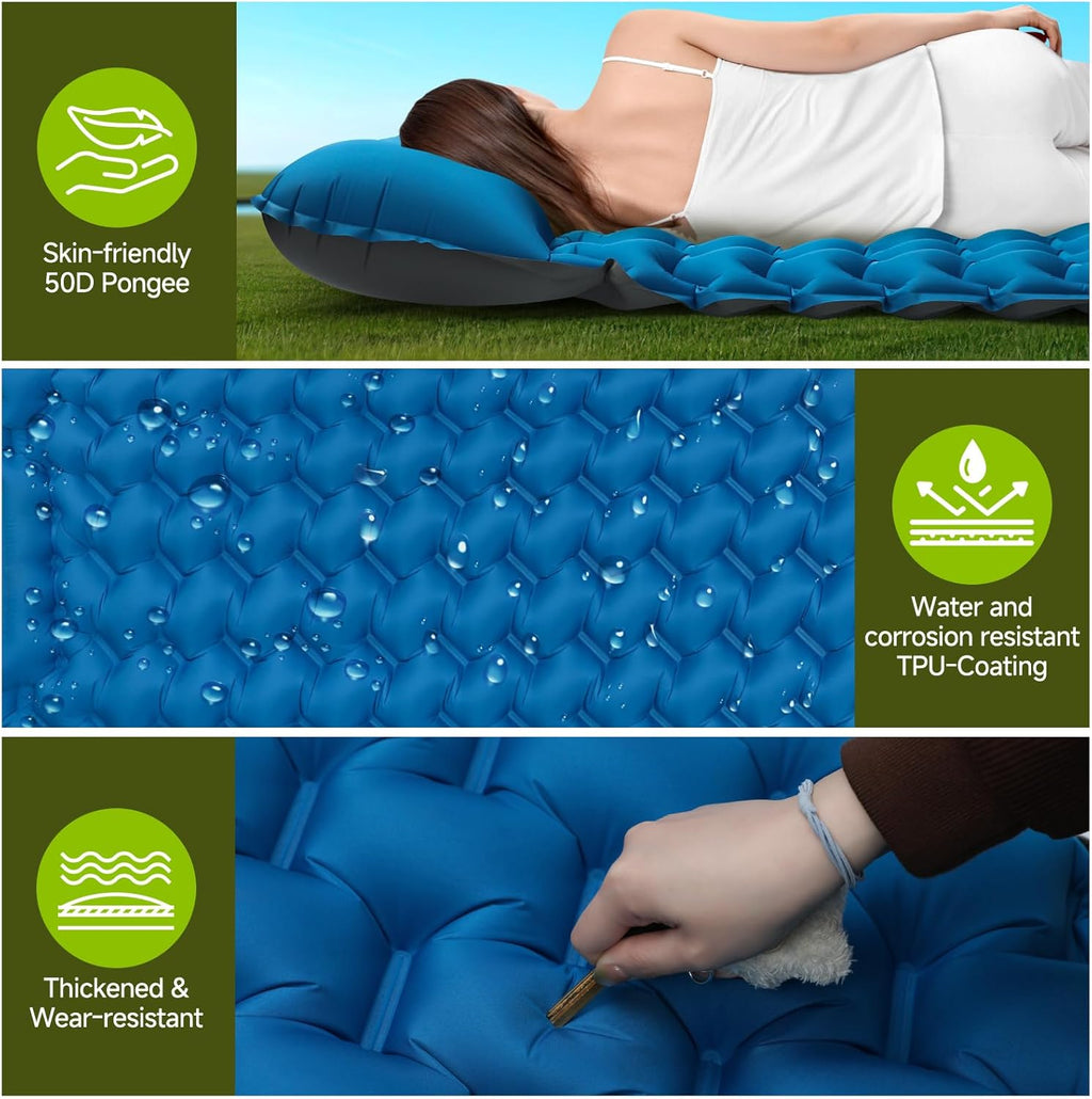 Double Camping Sleeping Pad, 4"" Extra Thick 2 Person Inflatable Sleeping Pad with Built-in Foot Pump & Pillow
