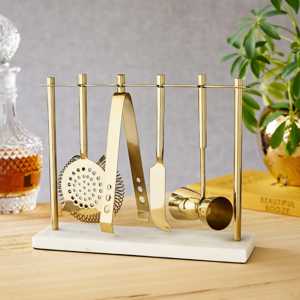 Bar Tool Set Includes Hawthorne Strainer, Citrus Knife, Ice Tongs, Double Jigger with Marble Display Stand for