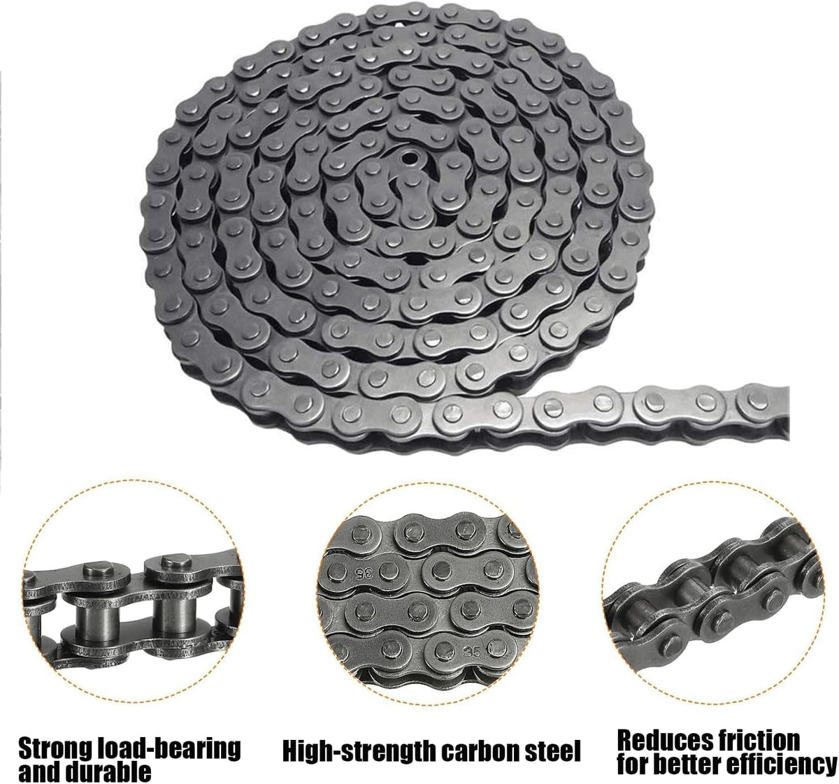 #35 Roller Chain - 3 Feet Carbon Steel Material with 2 Connecting Link Industrial Chain - 96 Links