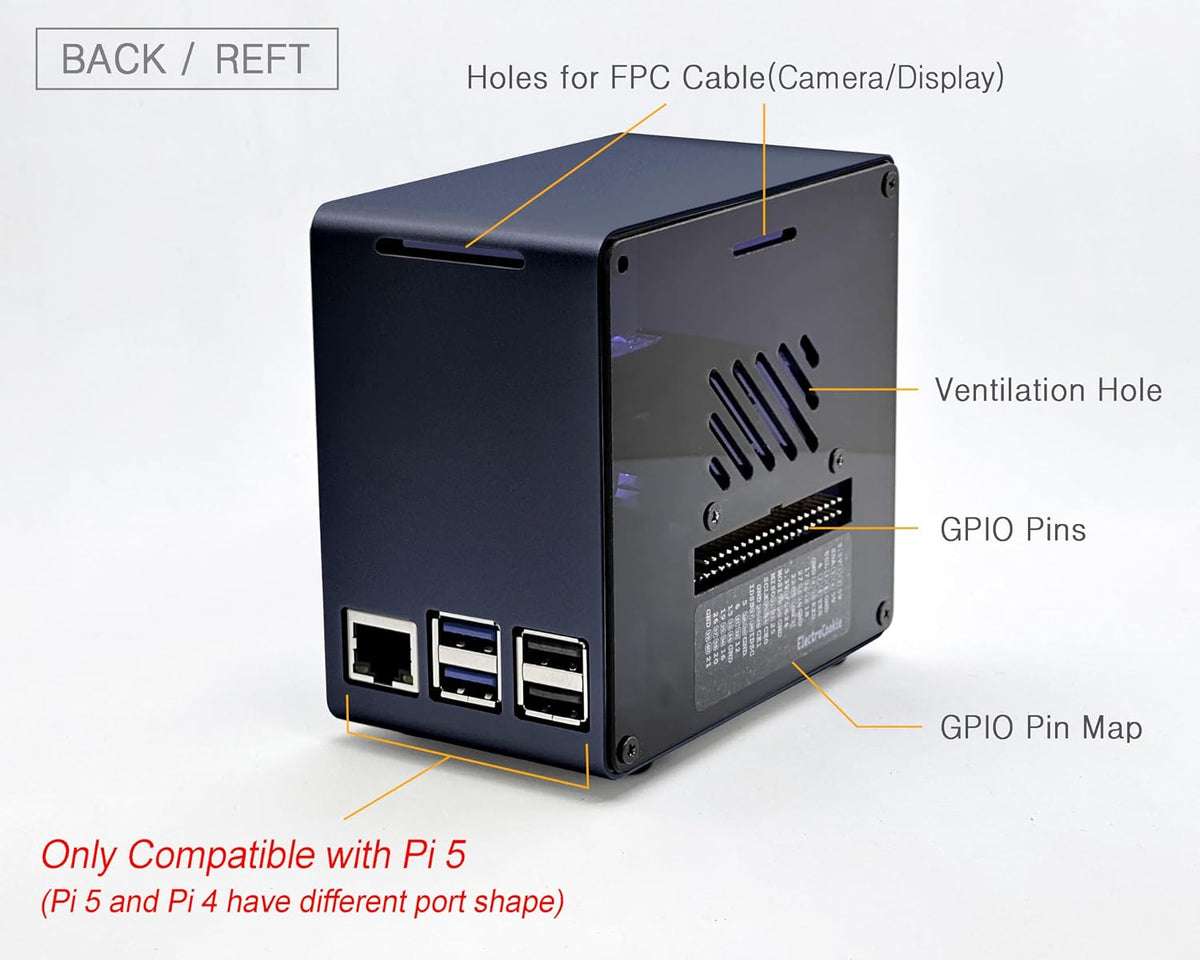 ElectroCookie Raspberry Pi 5 Case, Aluminum Mini Tower Case with Cooling Fan and Color Changing Ambient Light (Blue)