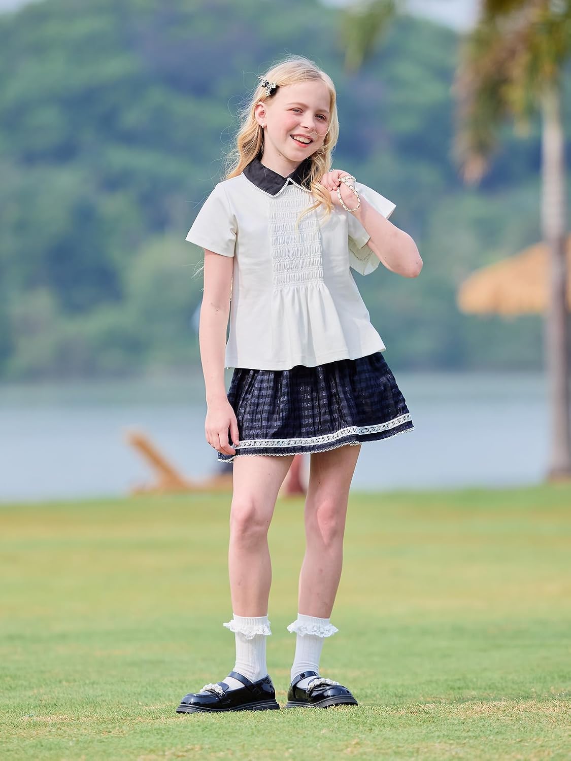Girls White Polo Shirt with Black Peter Pan Collar and Lace Trim,Uniform Style for 6–16Y