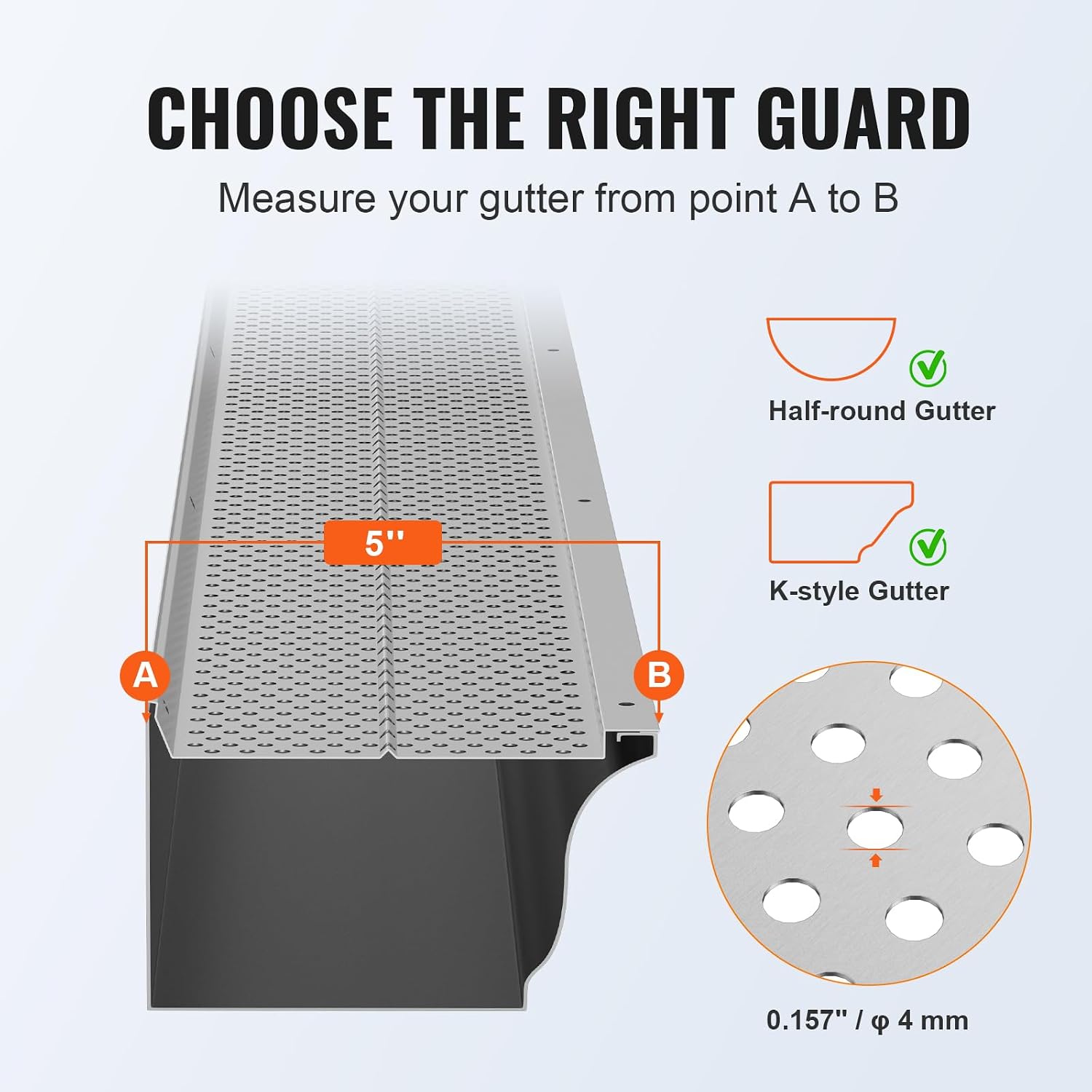 Gutter Guard, 5 inch Width, Aluminum Leaf Filter DIY Gutter Cover, 13 PCS 52 ft Total Length, 0.157'' Hole Diameter &