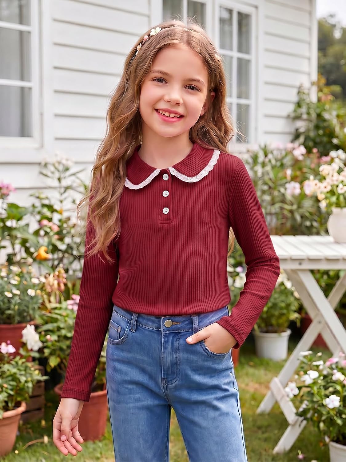 Girls Long Sleeve Polo Shirts Peter Pan Collar Knit Tops 5-14Y | Kids Ribbed Knit School Uniform Shirt, Cute Collared
