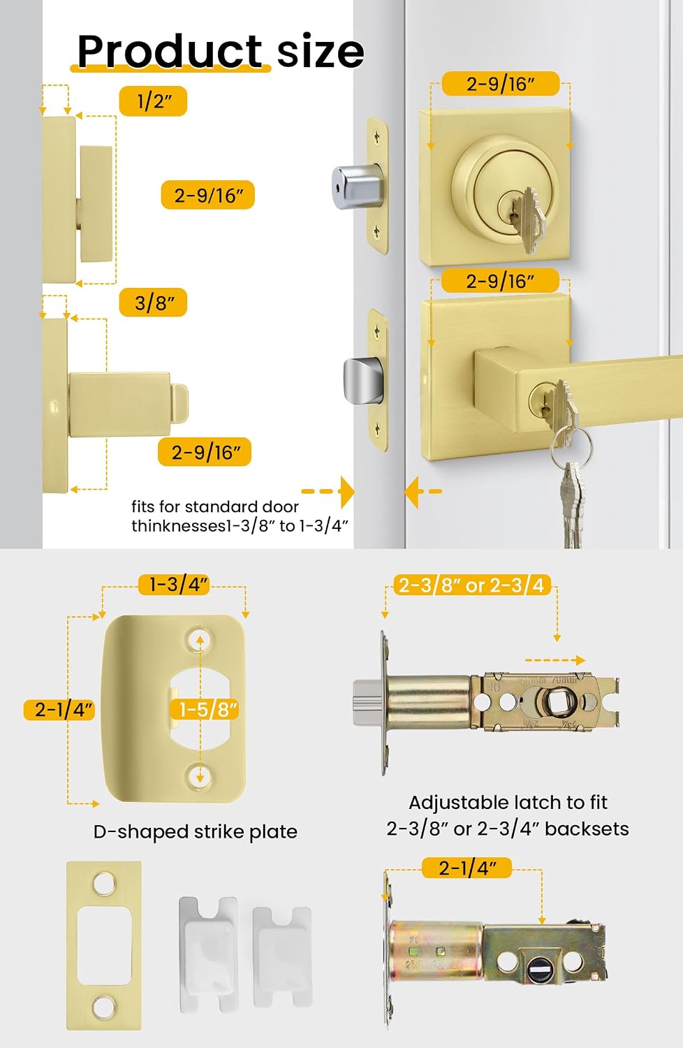 Exterior Door Lock Set Gold Front Door Lock Set, Heavy Duty Zinc-alloyed Front Door Handle and Deadbolt Set (1 Pack)