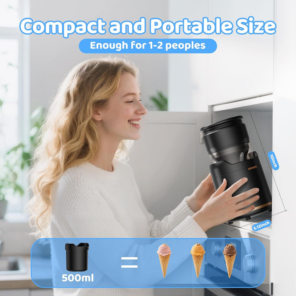 Ice Cream Maker Machine,Quiet,Rechargeable,1–2 Servings,Black