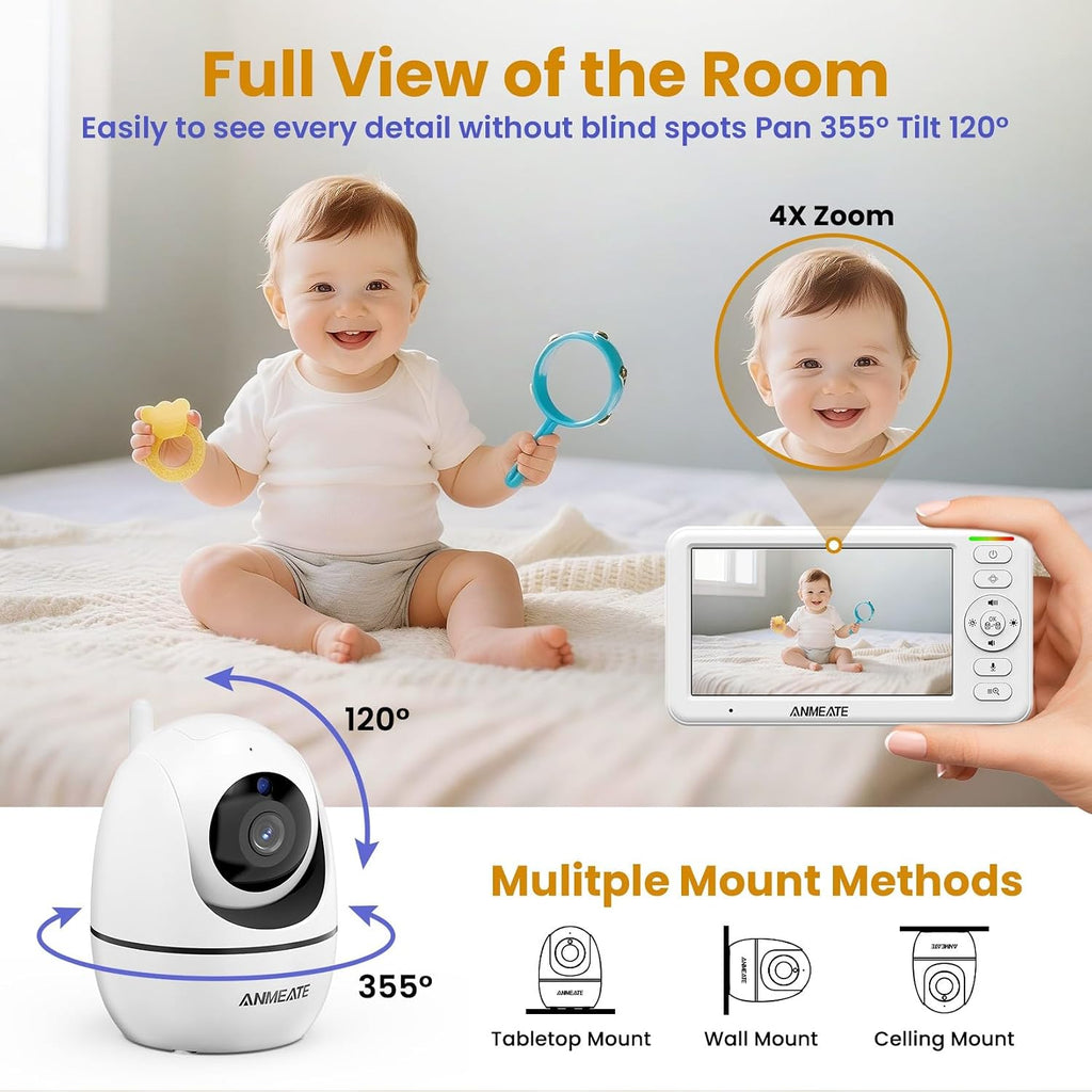 5" HD Video Baby Monitor with Camera and Audio | No WiFi, 48H Battery Life,720P Remote Pan Tilt Zoom, Two-Way Talk