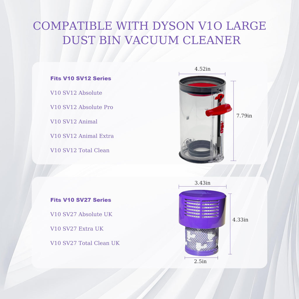 7.79in Large Dust Bin and Filter Replacement for Dyson V10 SV12 Vacuum