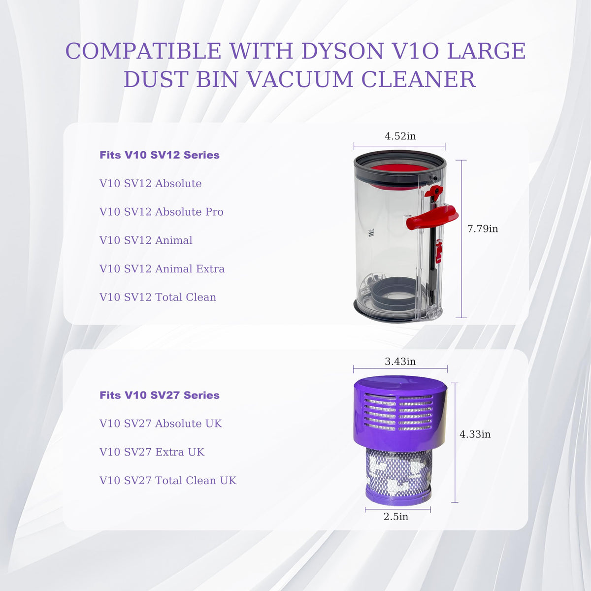 7.79in Large Dust Bin and Filter Replacement for Dyson V10 SV12 Vacuum