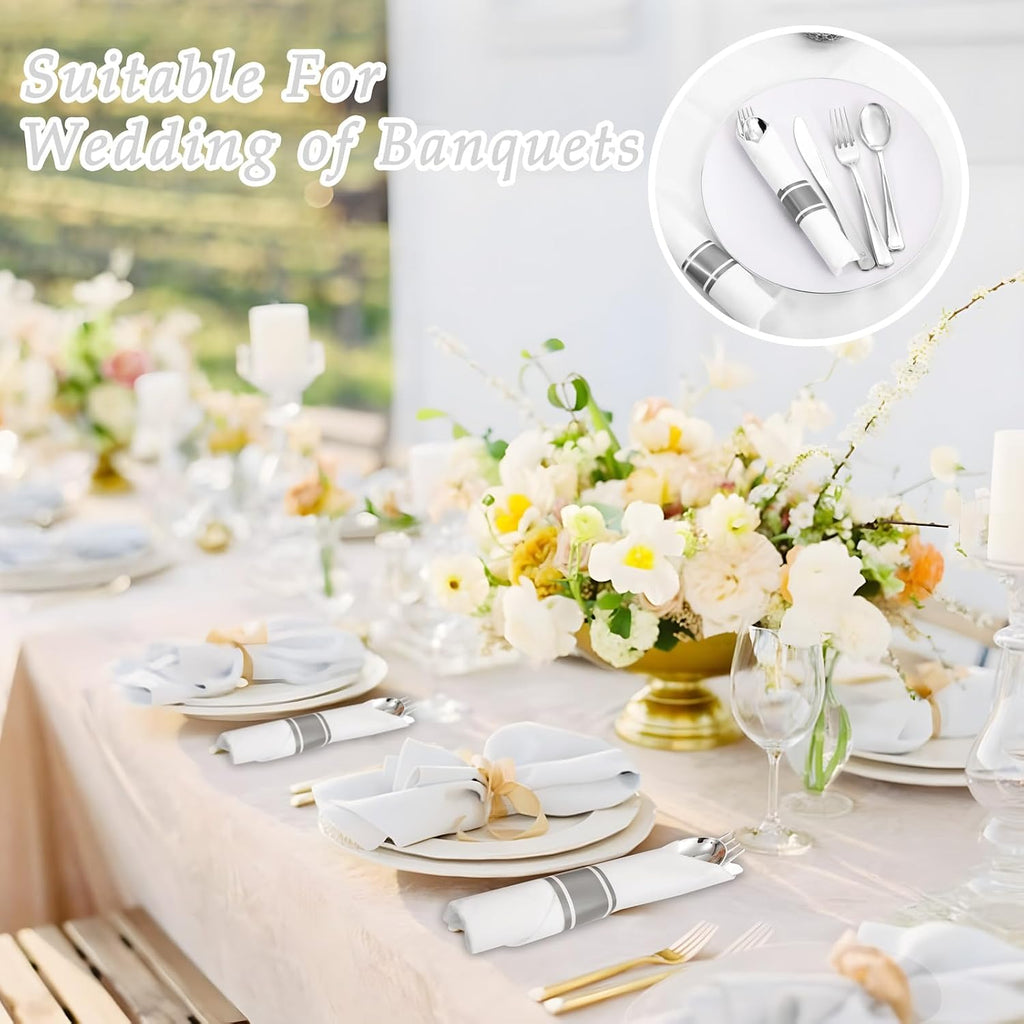120 Pack Silver Plastic Silverware Wrapped Cutlery Set with Napkin