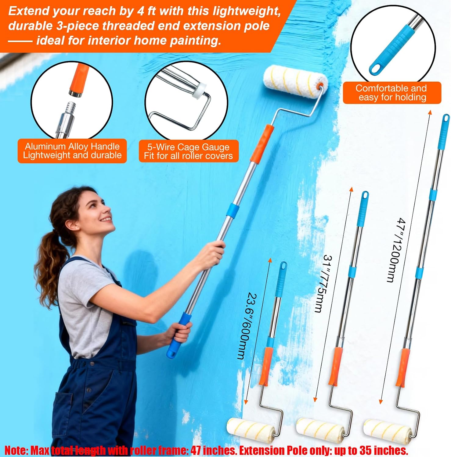 King Origin 10-Piece Paint Roller Kit with Extension Pole (4 ft), 7" Paint Roller Covers, Roller Frame, Paint Brush