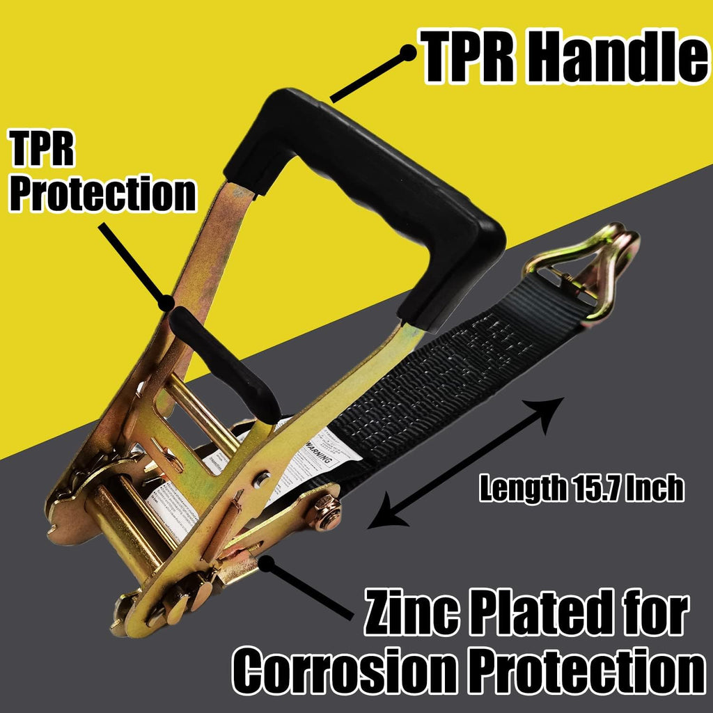 Heavy Duty Car Trailer Tie Down Straps 4 Pack Kit - 2" x 8' Ratchet Straps + J-Hooks with Clip, 2" x 36'' Axle Straps