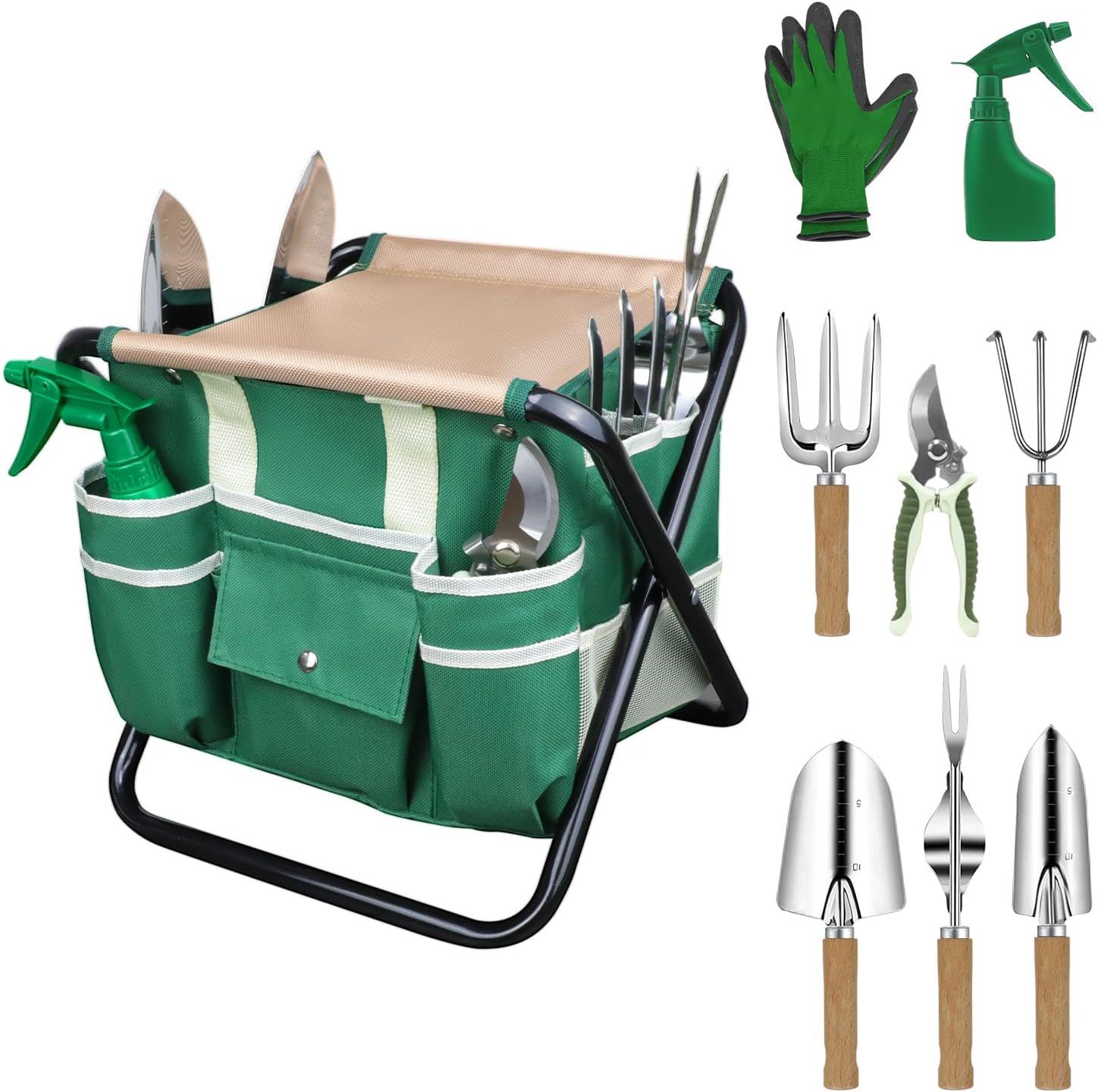 Garden Tool Set,10 Pieces Heavy Duty Gardenting Tool Kit, Folding Stool with Detachable Tote Bag, Thicker Stainless