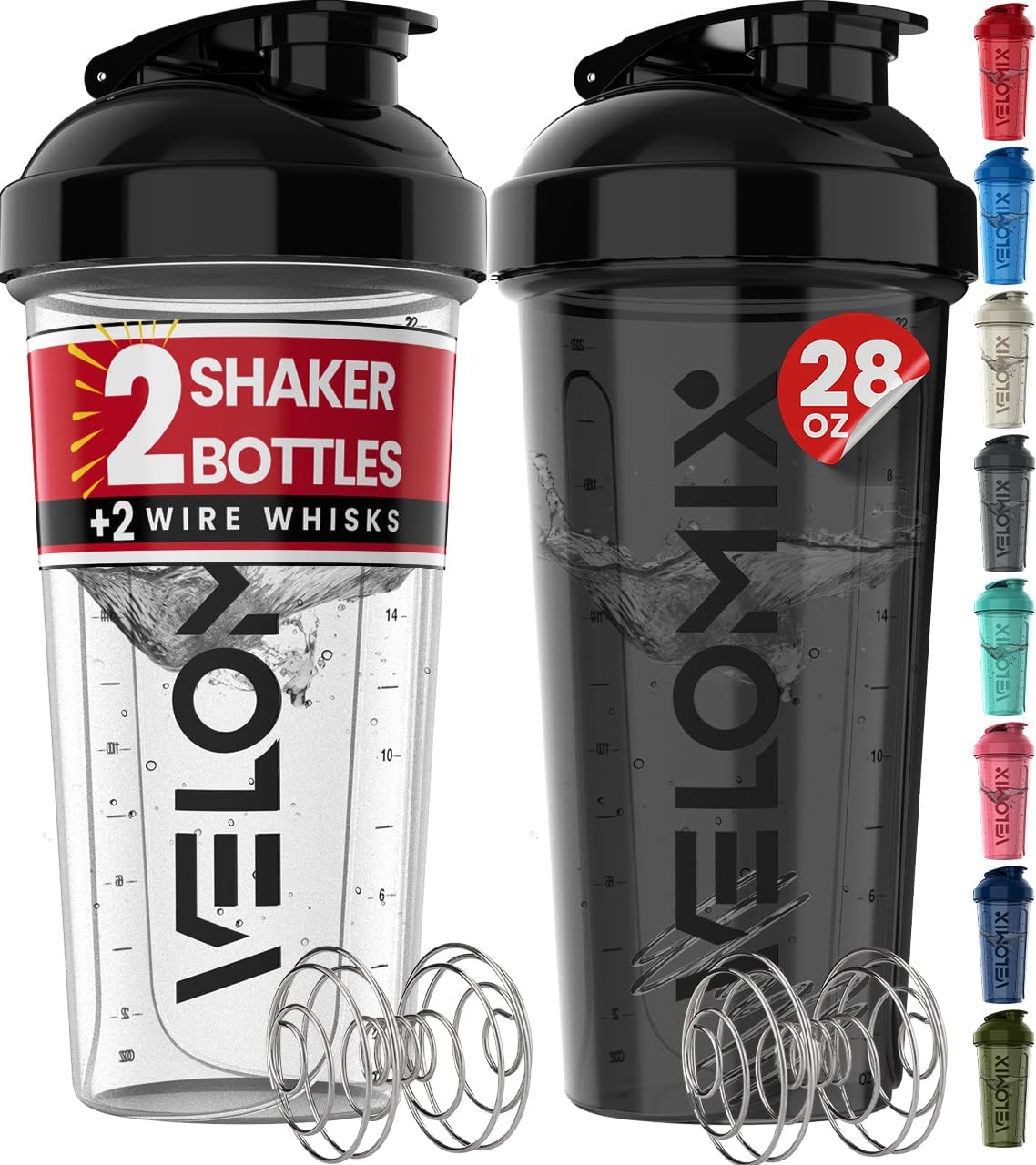 2 Pack 28oz Protein Shaker Bottle for Protein Mixes, Black/Transpar | 2x Wire Whisk, Leak Proof Shaker Cups for