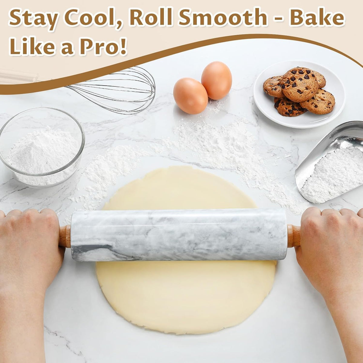 Marble Rolling Pin - 18.9" Marble Rolling Pins for Baking, Pastry, Pizza Dough & More - Polished Non-Stick Surface
