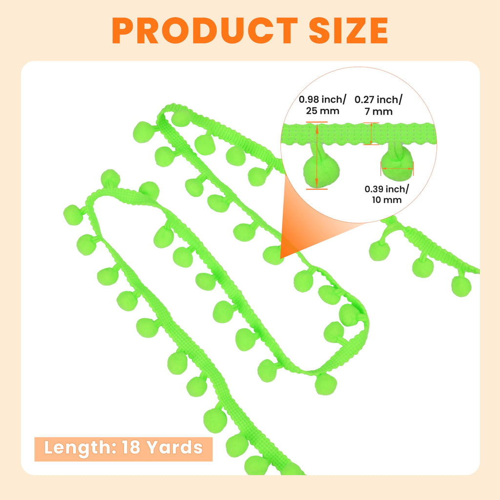 18 Yards Pom Pom Trim, 1" Wide Ball Fringe (Light Green)