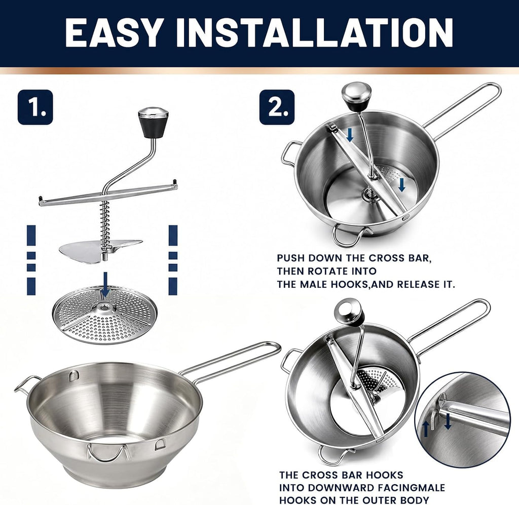 Stainless Steel Food Mill with 3 Interchangeable Discs, Rotary Food Mill for Tomato Sauce, Mashed Potatoes, Baby