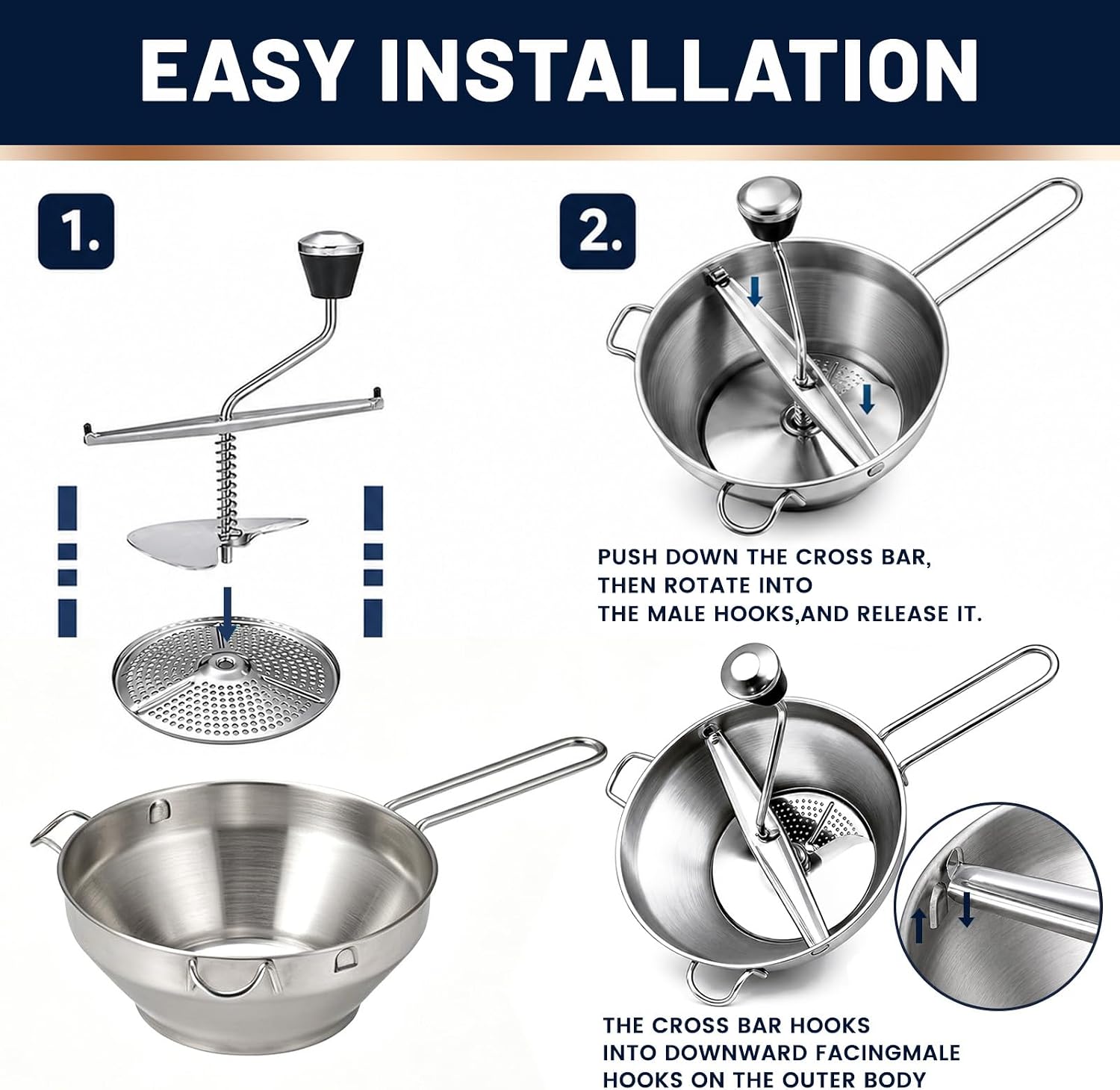 Stainless Steel Food Mill with 3 Interchangeable Discs, Rotary Food Mill for Tomato Sauce, Mashed Potatoes, Baby