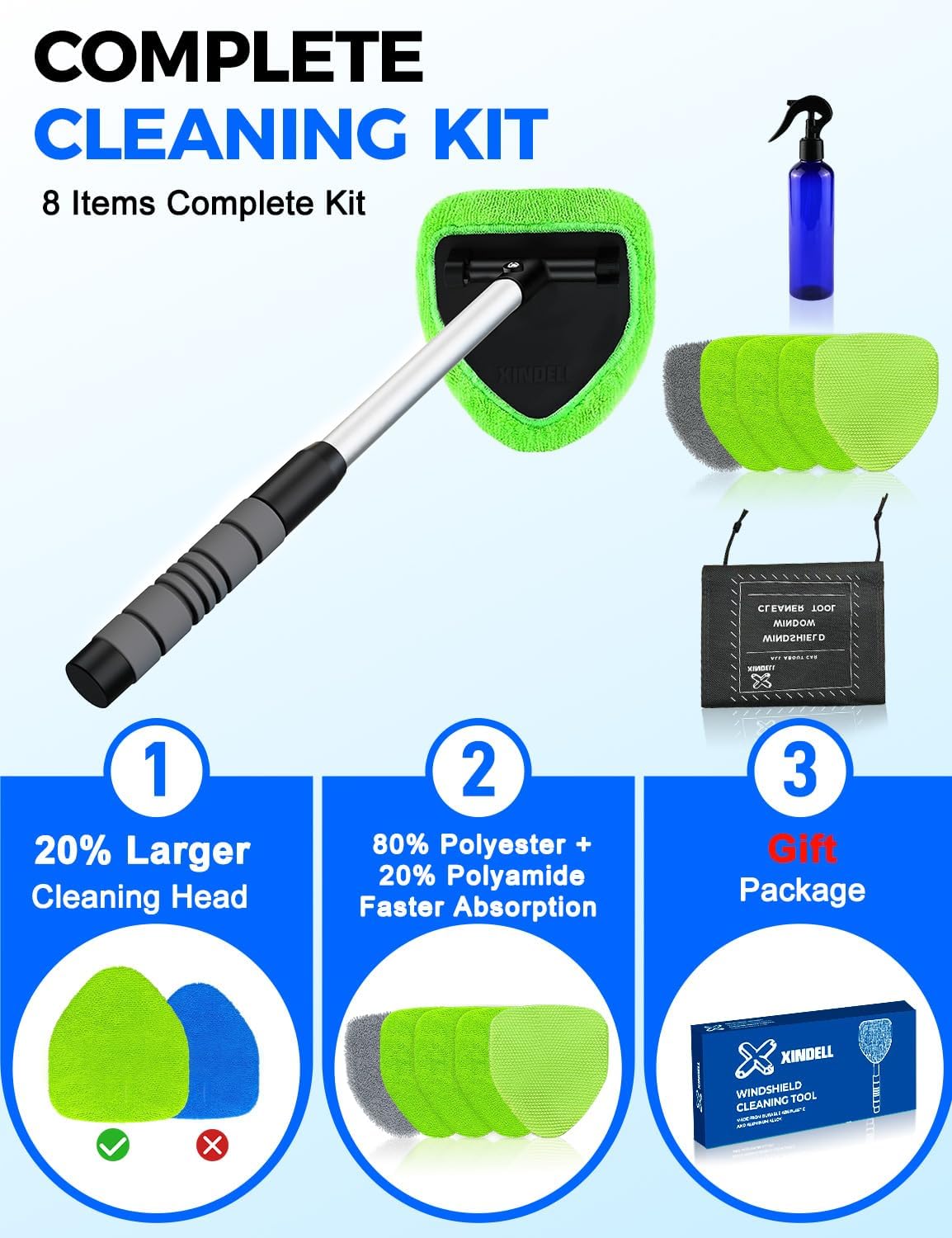 XINDELL Windshield Cleaner Tool – Car Interior Window Cleaning Kit with Extendable Handle & 4 Microfiber Pads, Auto
