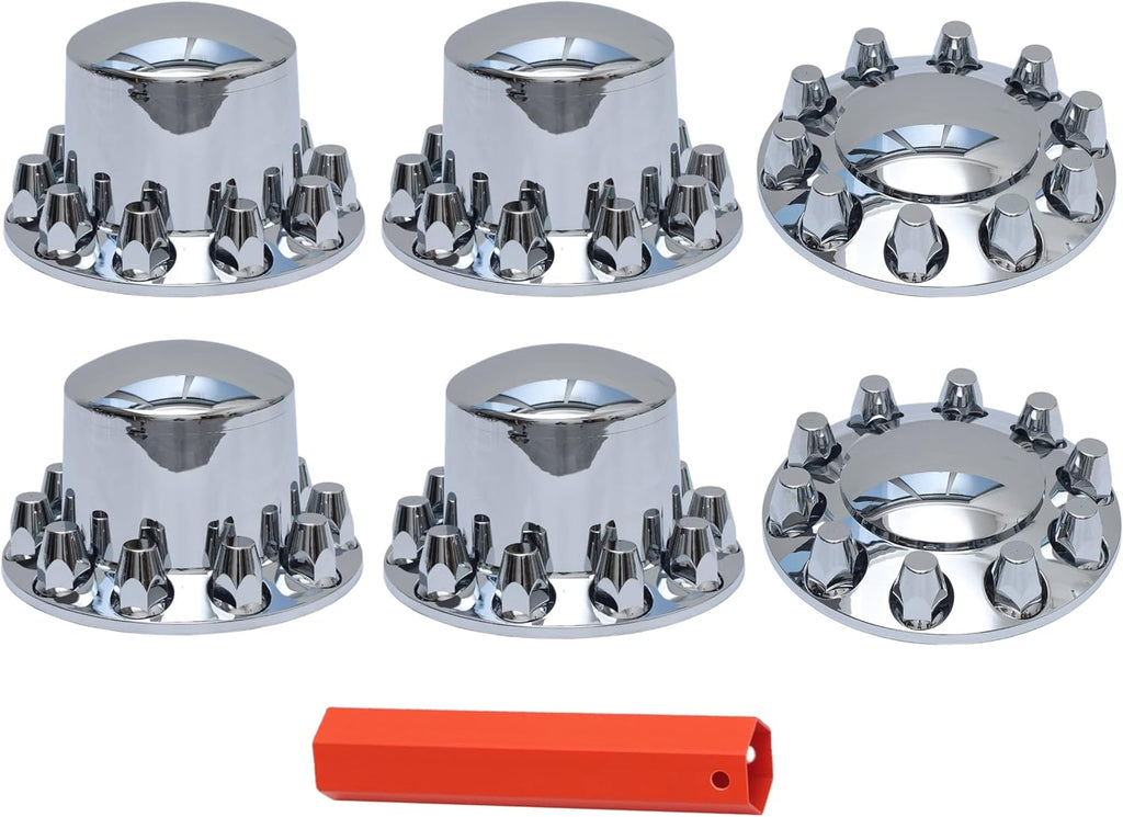 Chromed ABS Plastic Hubcaps Front and Rear Wheel Axle Cover Set with 33mm Thread-On Lug Nut Covers for Semi Trucks