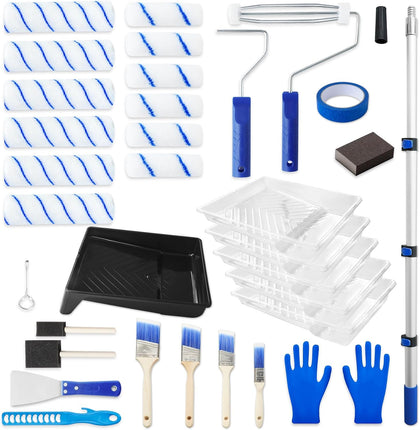 Paint Roller Kit with Extension Pole, 34 Piece Set, 4" and 9" Paint Rollers, 1.63 Ft to 4 Ft Pole, Painting Brushes