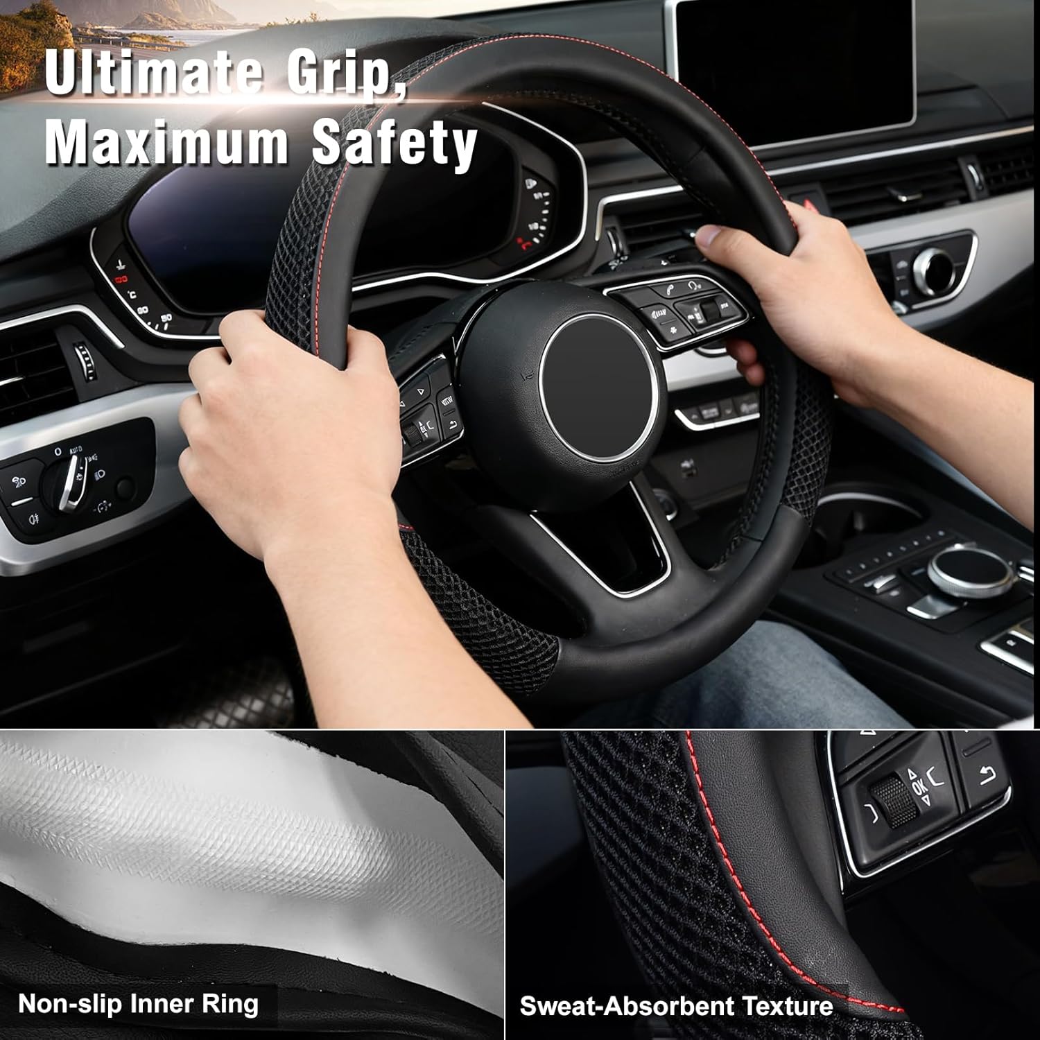 15 inch Steering Wheel Cover, Cooling Ice Silk Mesh with Microfiber Leather, Ultra Breathable, Anti Slip Car Grip