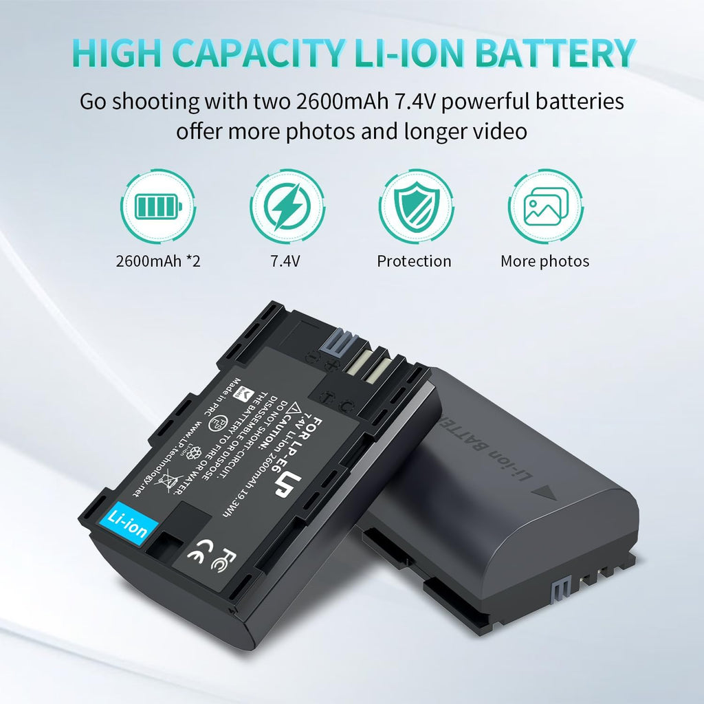 LP-E6 E6N Battery Charger Pack, 2-Pack 2600mAh Battery & Dual Charger | Compatible with Canon EOS R, R5, R6, 90D