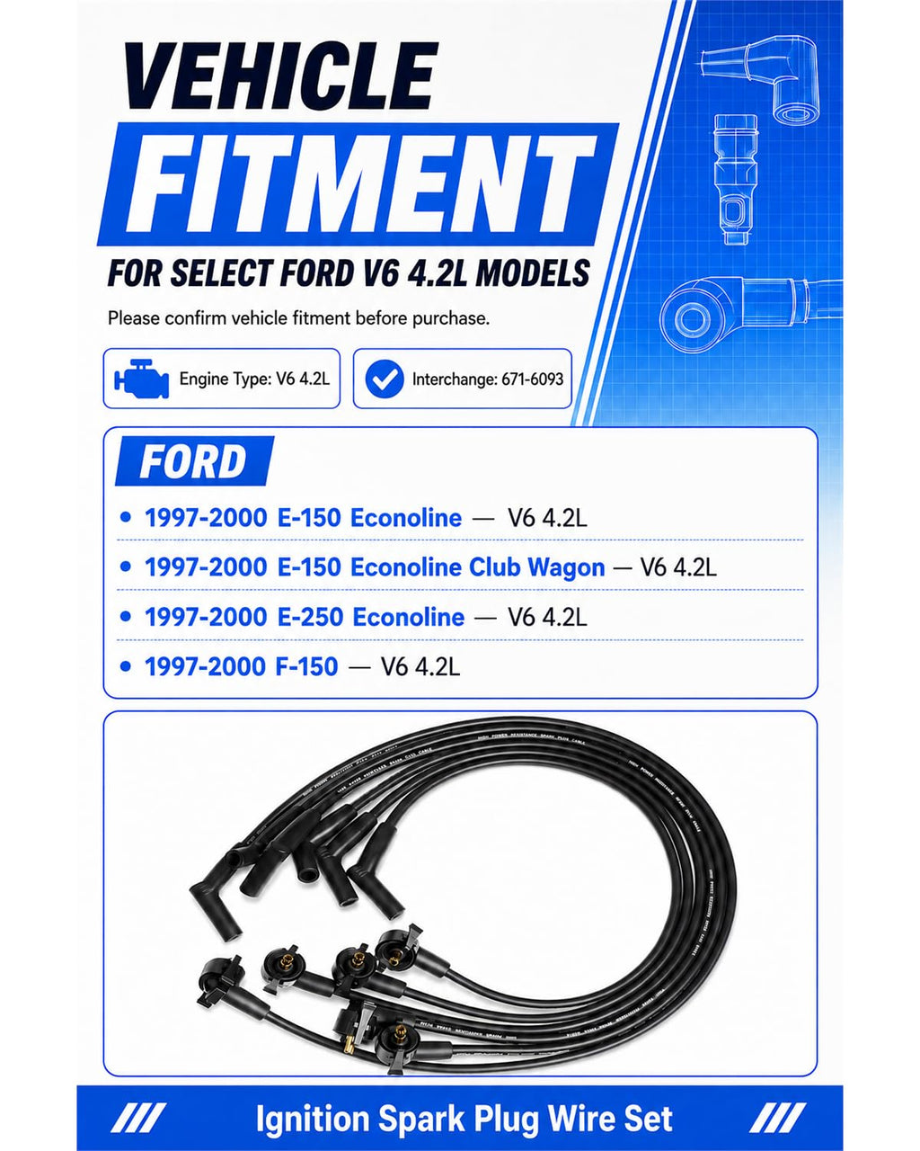 ST-6093 Ignition Spark Plug Wire Set 8mm 6-Pack for Ford