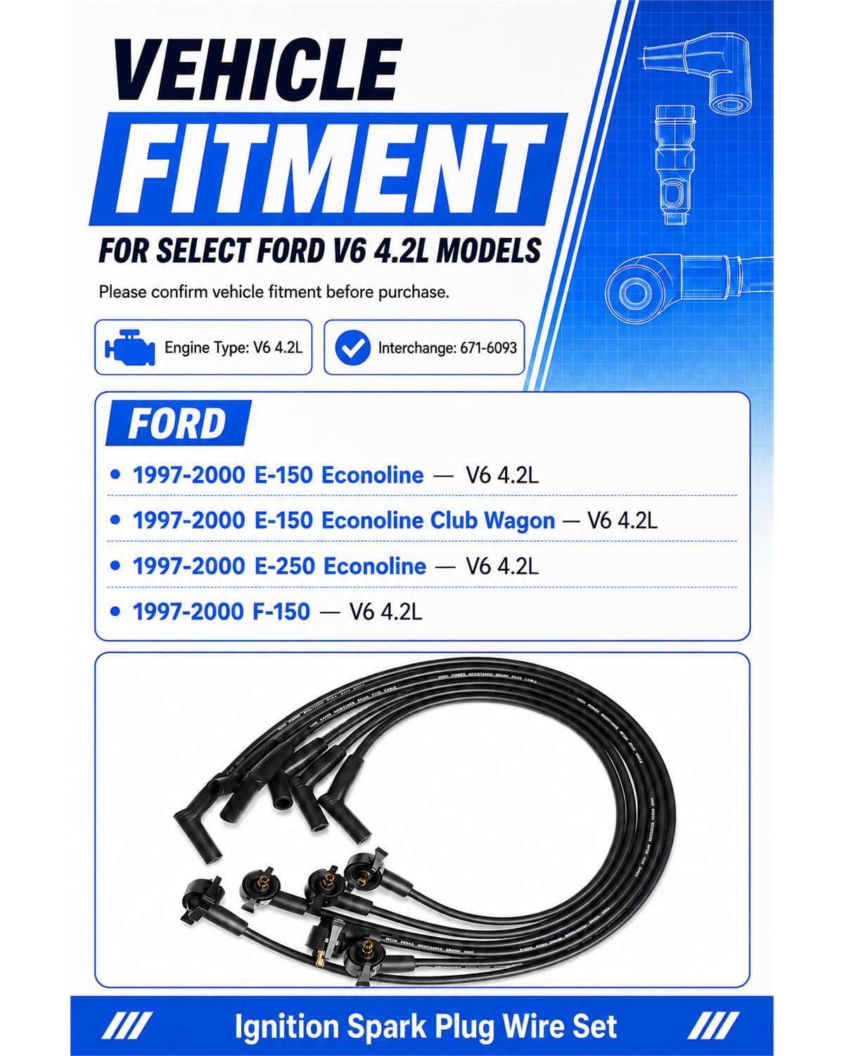 ST-6093 Ignition Spark Plug Wire Set 8mm 6-Pack for Ford