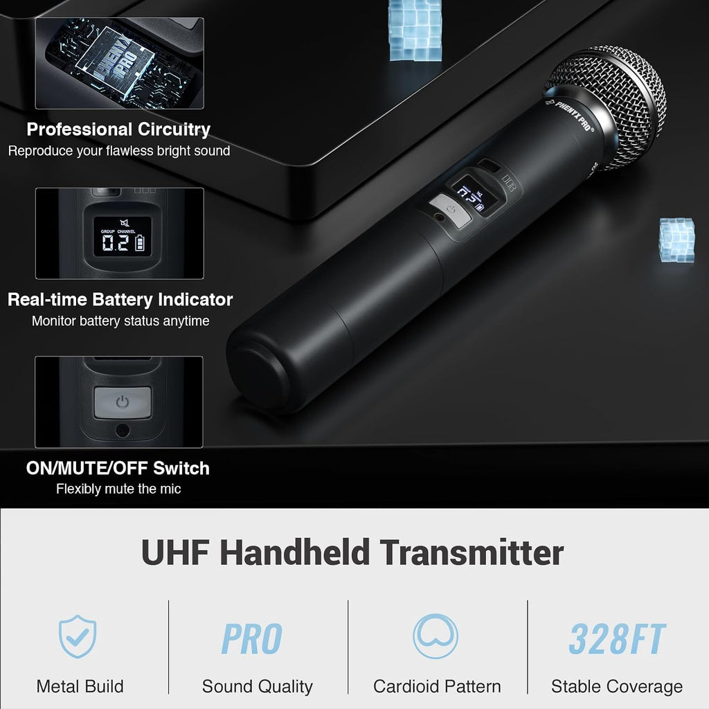 Dual UHF Auto Scan Handheld Wireless Microphone System PTU-71-2H | 2 Dynamic Mics, 2 x 100 Frequencies, 328 ft Range