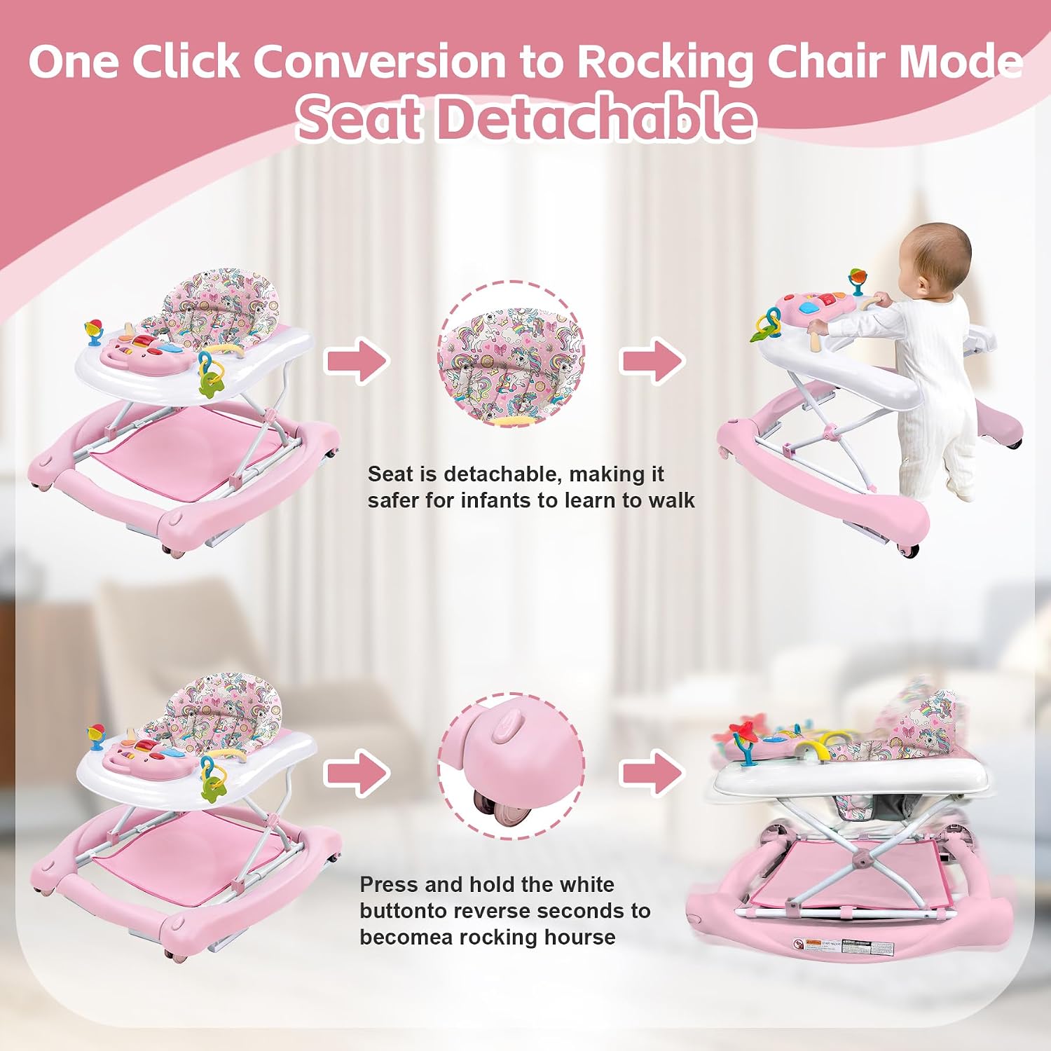 Foldable Baby 5-in-1 Activity Walker - Rocker, Activity Center, Bouncer, Seat Walker, Push Walker - Adjustable Speed