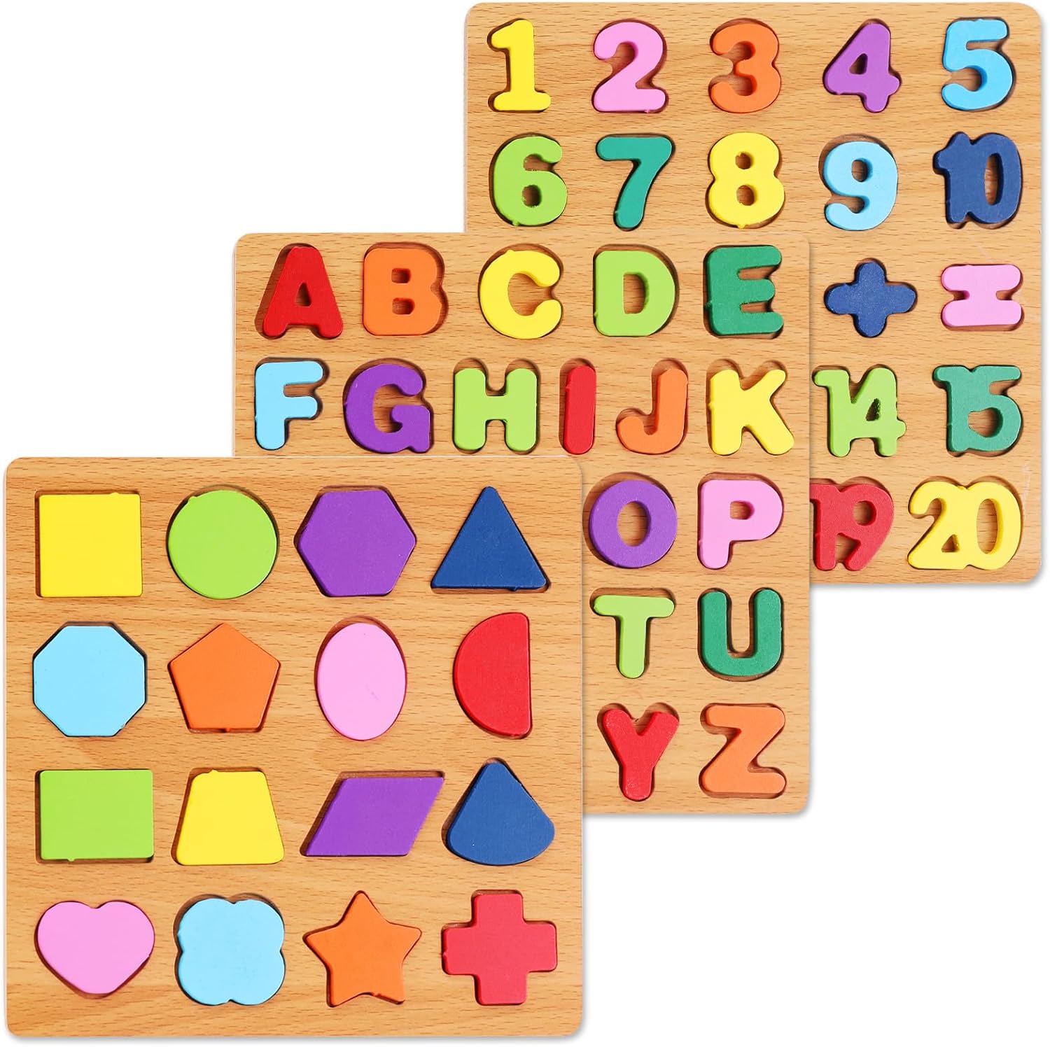 Alphabet Wooden Puzzles for Toddlers 3-5, Pack of 3 ABC, Number and Shape Puzzle, Preschool Educational Learning Toys