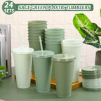 24 Pcs Sage Green Plastic Cups with Lids and Straws 24 oz