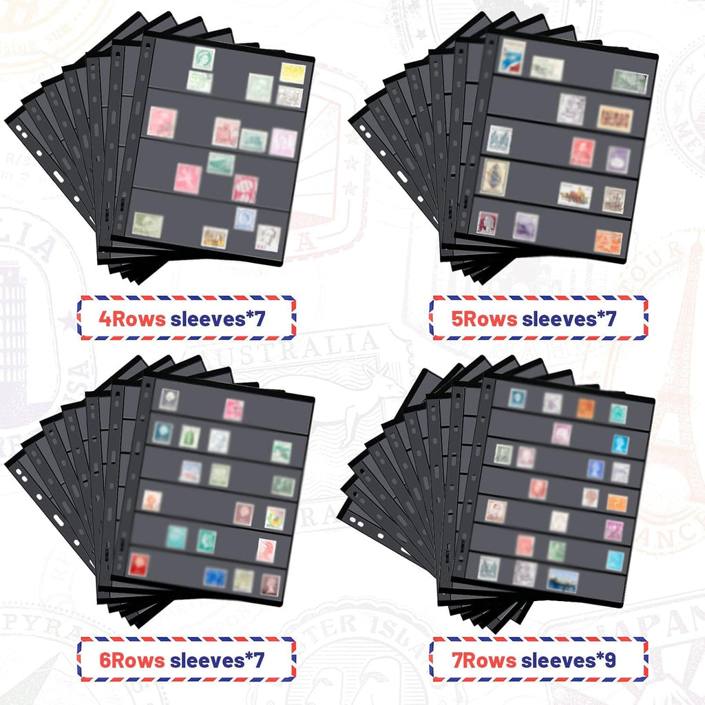 30 Pieces stamp collecting supplies stamp collector pages Album sheets with Standard 9 Hole Binder Sleeves(4/5/6/7 Rows)