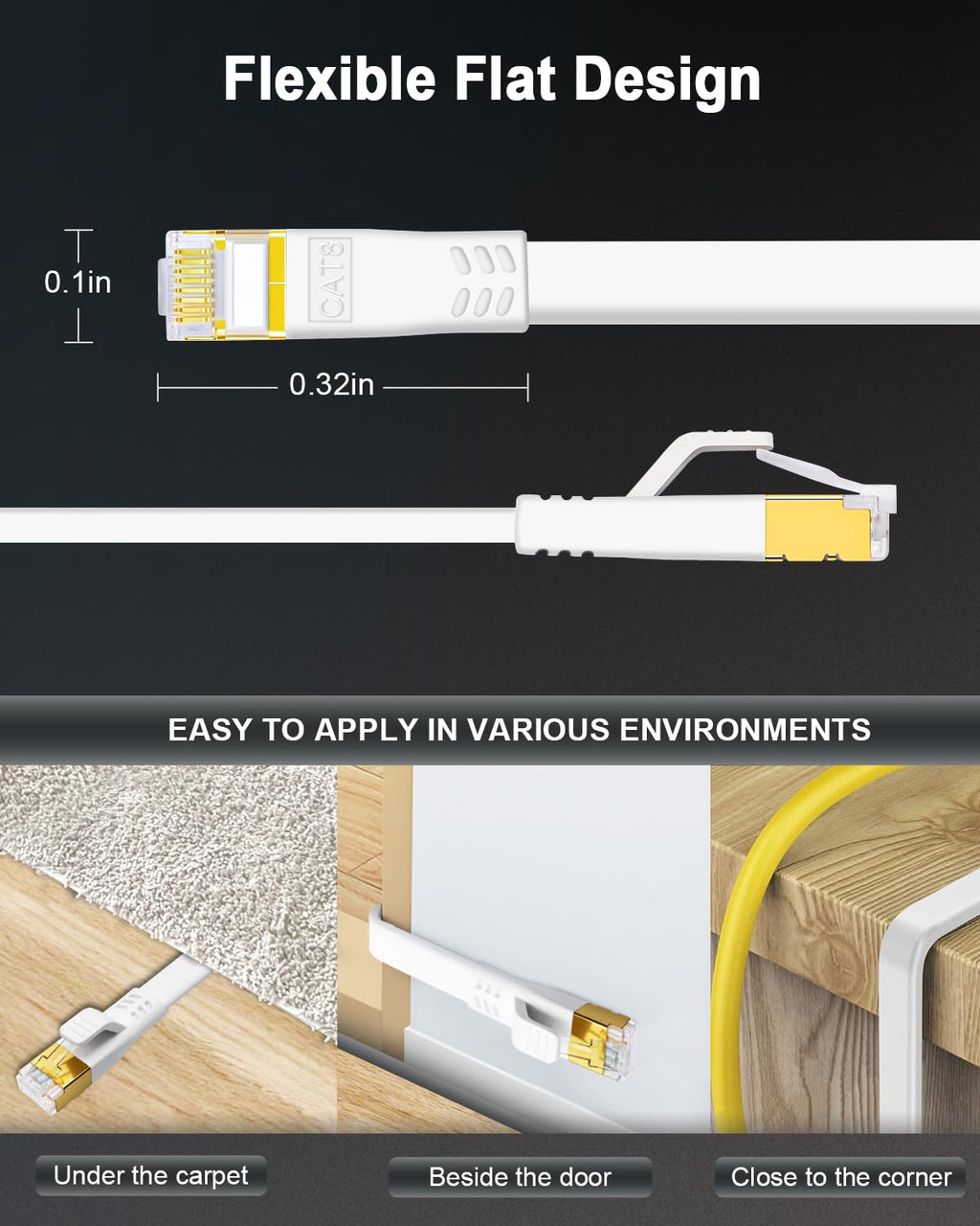 CAT 8 Ethernet Cable 50 FT, High Speed Flat CAT8 Internet Cable 40Gbps 2000MHz Faster Than Cat7/Cat6/Cat5, LAN Patch