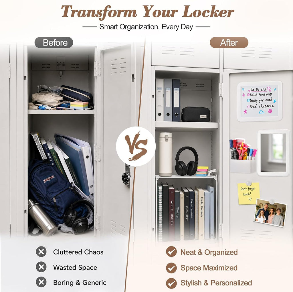 Locker Accessories Kit, Locker Organizer Kit with Locker shelf, Magnetic Mirror and Whiteboard, Pen Holder, Magnets