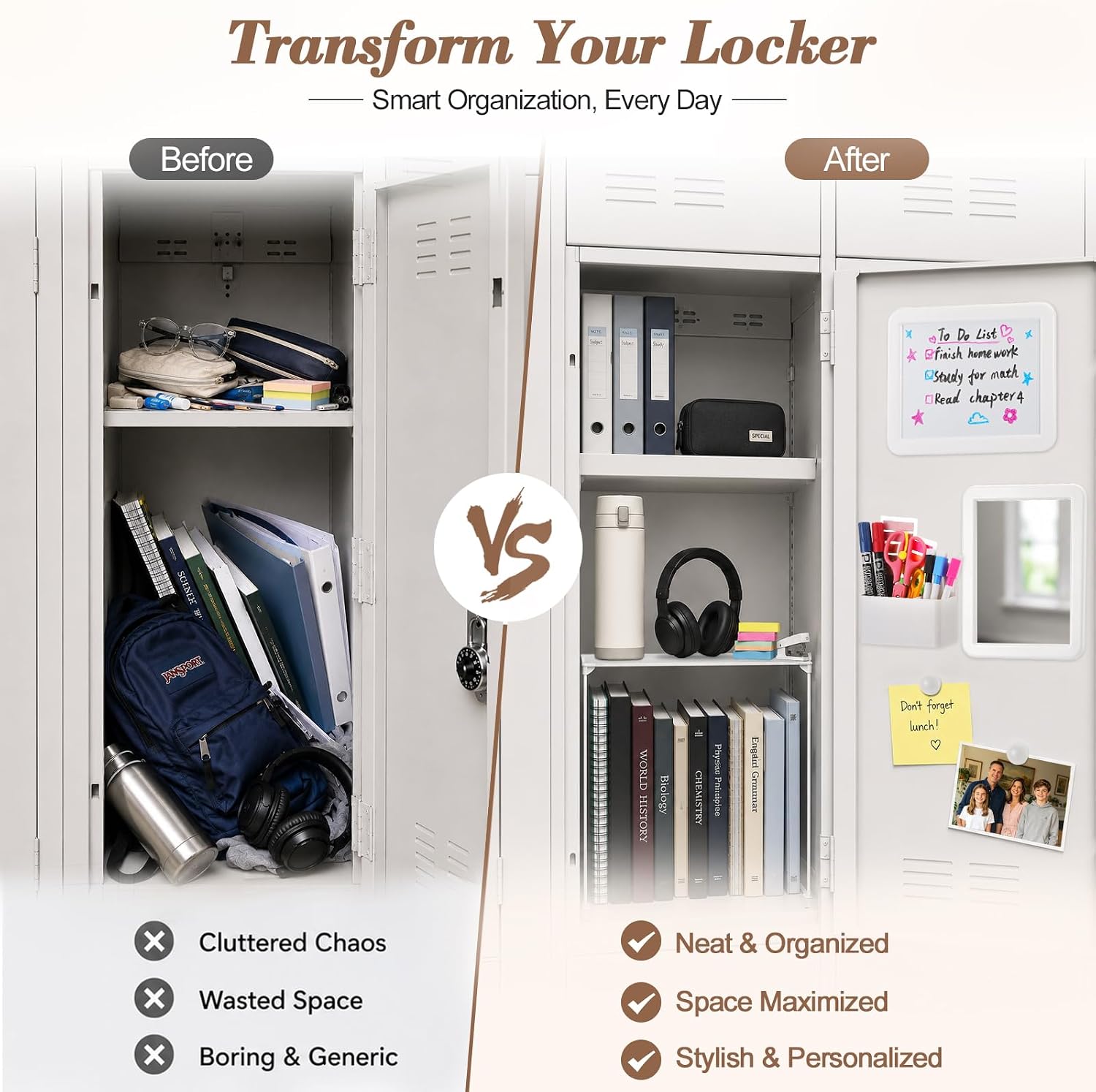 Locker Accessories Kit, Locker Organizer Kit with Locker shelf, Magnetic Mirror and Whiteboard, Pen Holder, Magnets