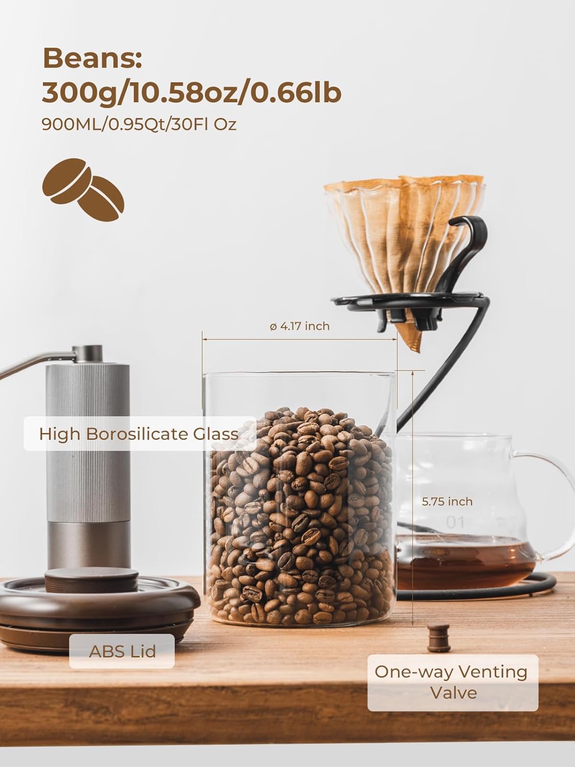Glass Coffee Bean Jar – Pop Top Air Tight Coffee Bean Container with CO2 Valve, 10 oz Coffee Storage Airtight
