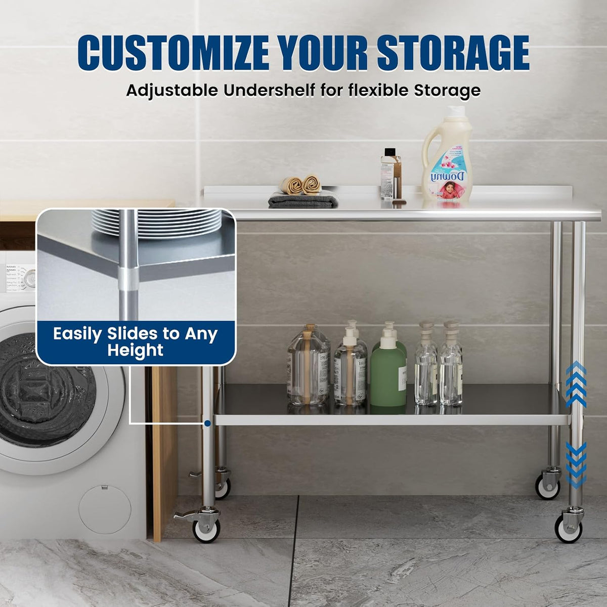 Stainless Steel Work Table with Wheels & Backsplash, 30x60 Inch