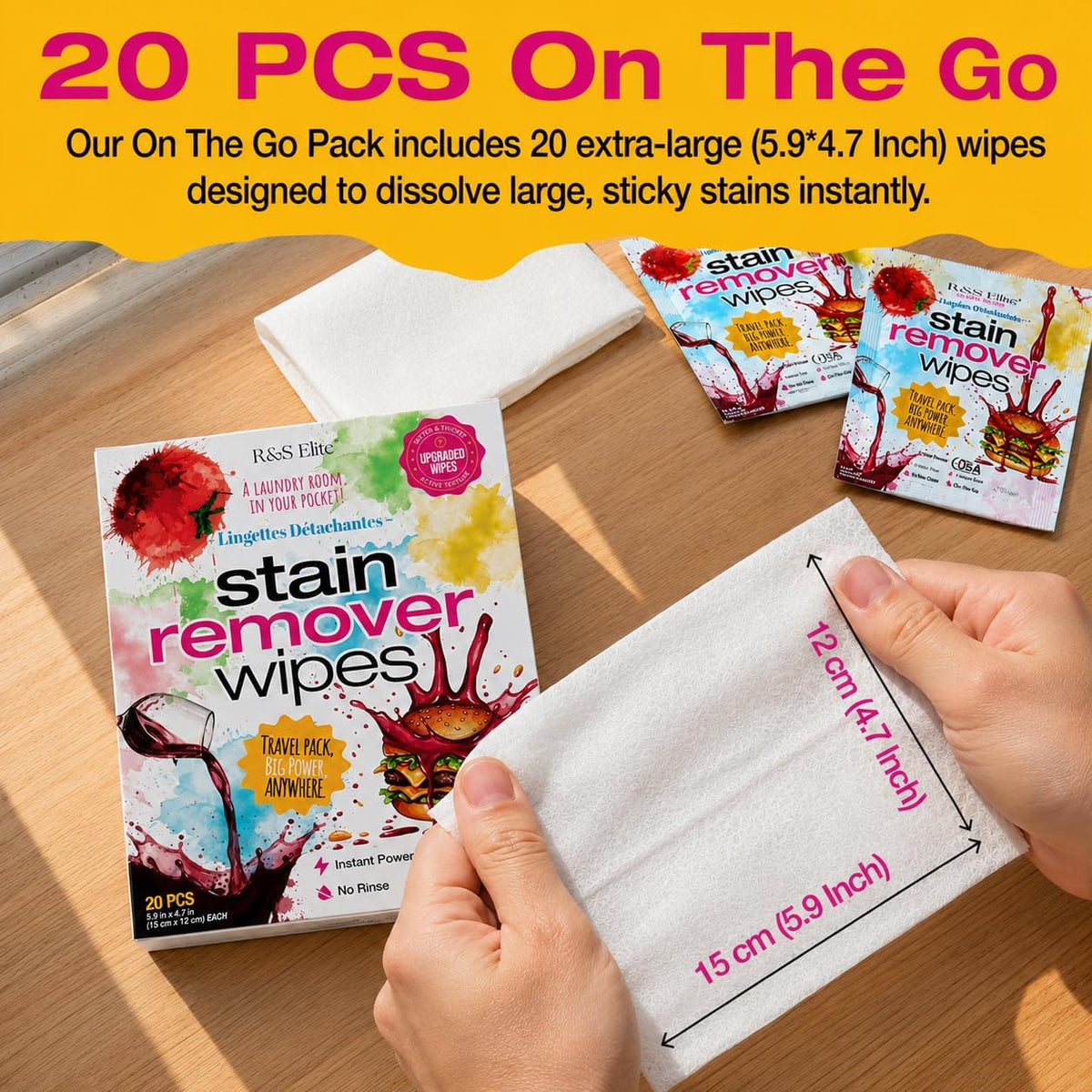 Stain Remover Wipes, 20 Count, Individually Wrapped, Instant Stain Removal