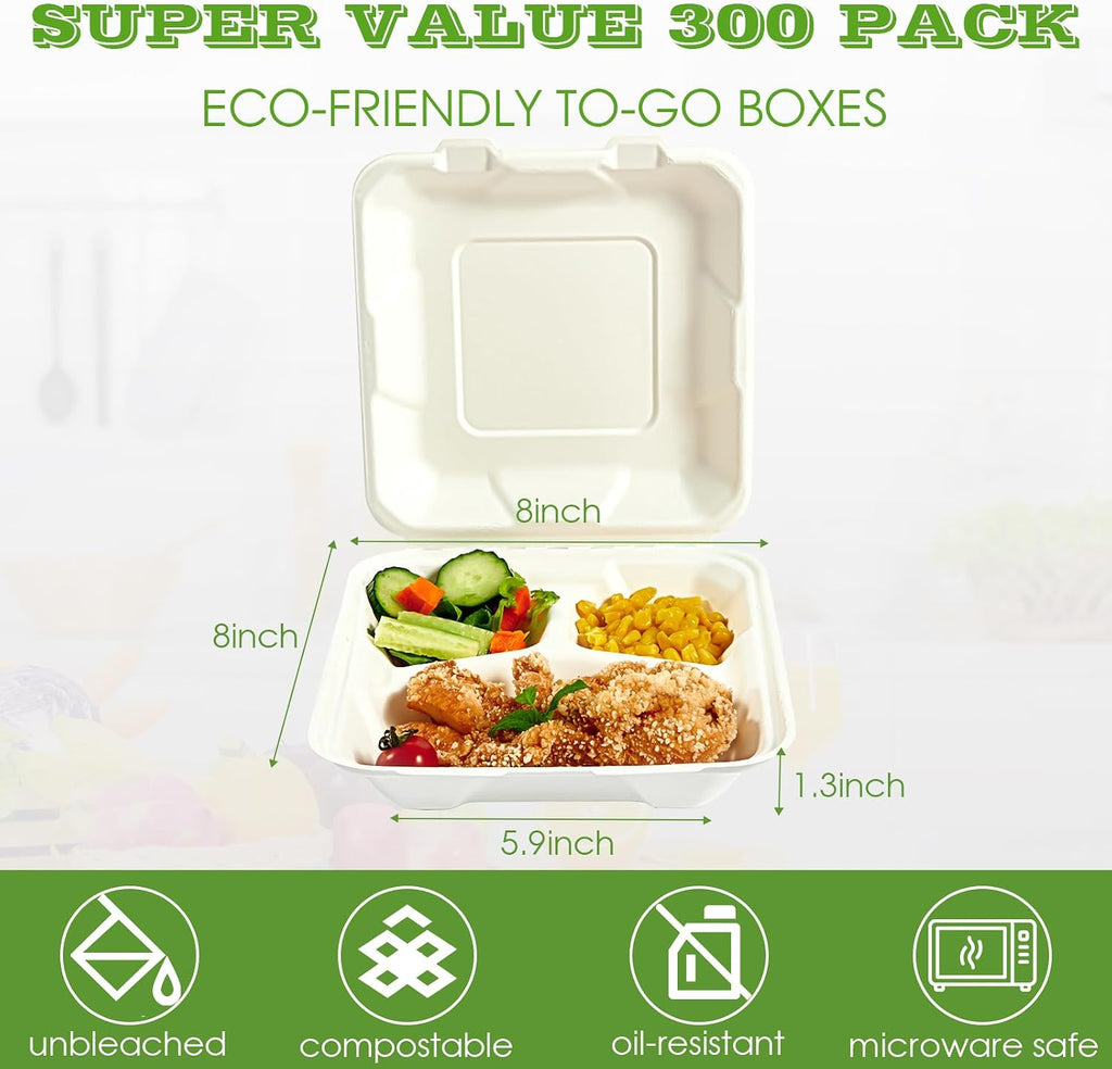 300 Pack Compostable Takeout Food Containers, 8x8 inch, 3 Compartment