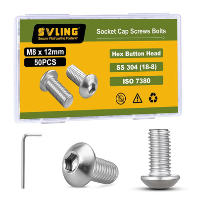 M8 x 12mm 50PCS Button Head Hex Socket Cap Screws Bolts, 304 Stainless Steel 18-8, Allen Hex Drive, Full Thread, Bright Finish, with Hex Spanner
