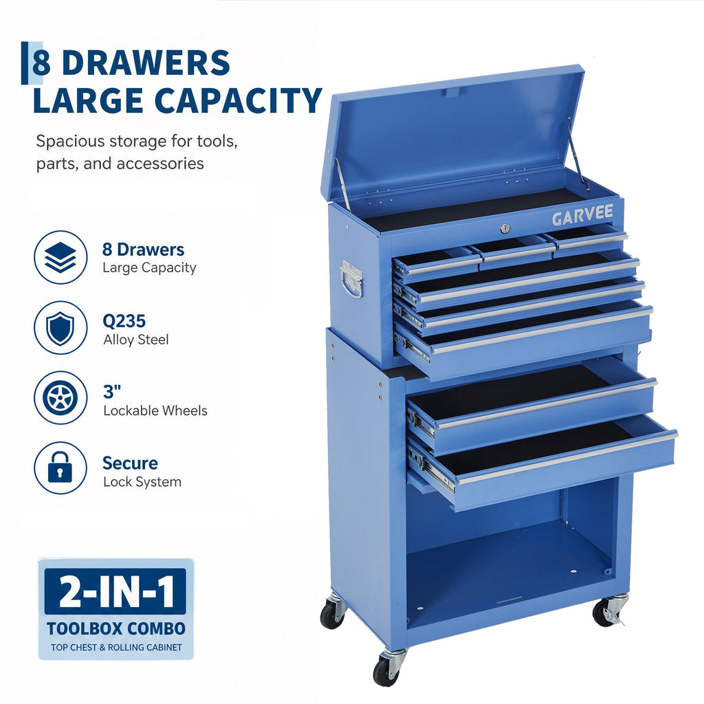 8-Drawer Rolling Tool Chest with Lock &Wheels 2-in-1 Large Toolbox
