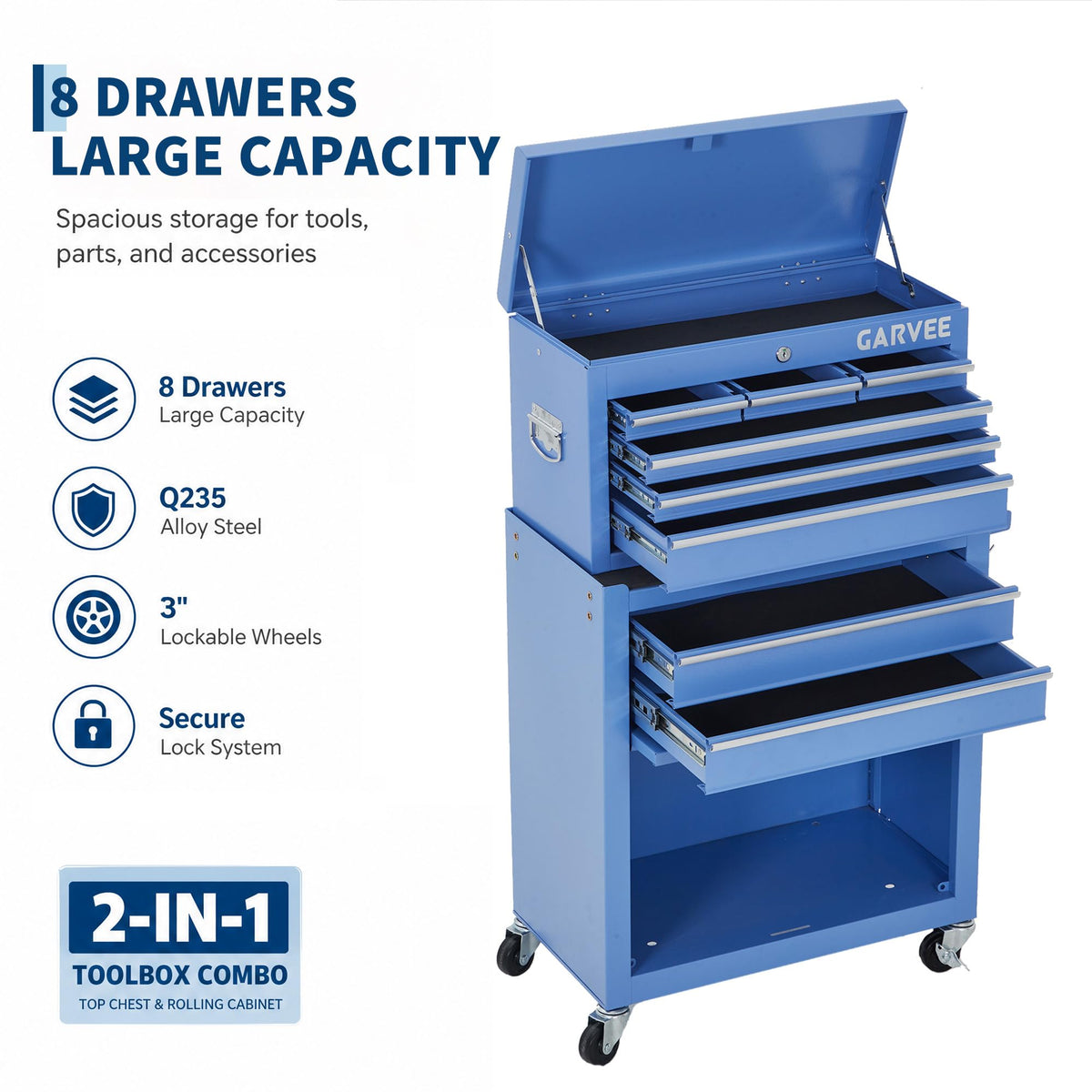 8-Drawer Rolling Tool Chest with Lock &Wheels 2-in-1 Large Toolbox