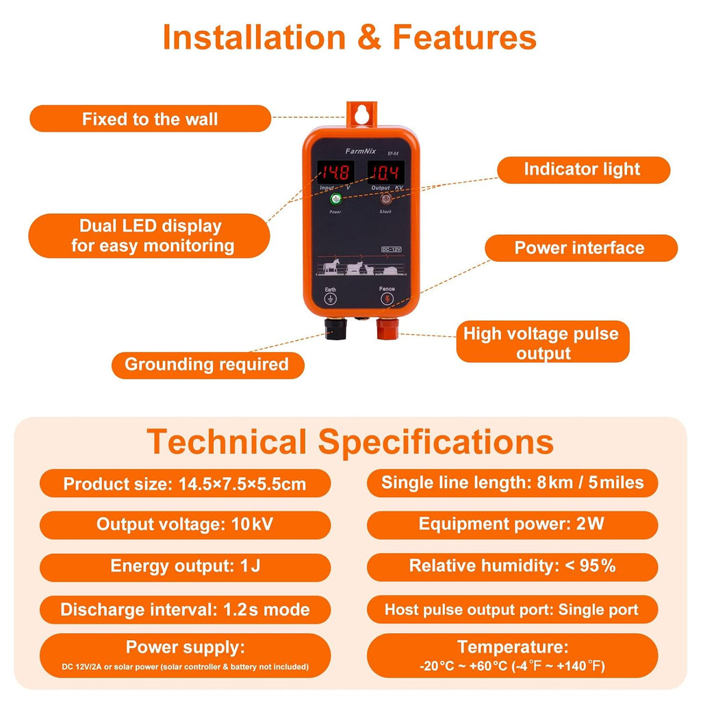 FarmNix 10KV Electric Fence Charger with LED Indicator, 5 Miles Electric Fence 1 Joules Pulse Energy,Waterproof